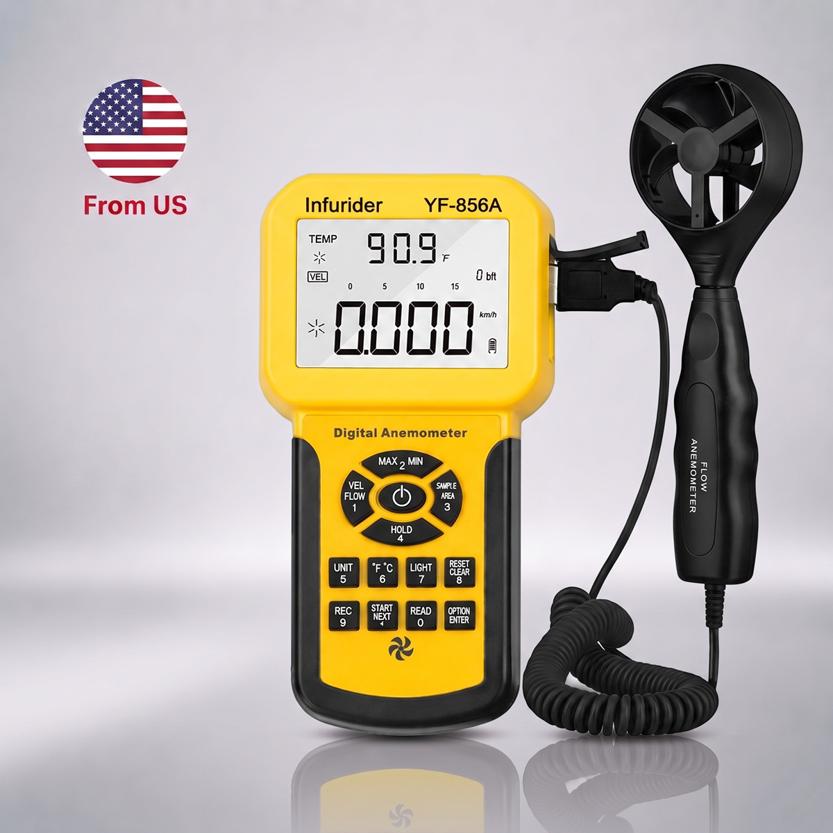 Handheld Anemometer 45m/s 5-Unit 600Groups USB Data Log Backlit Max/Min/Avg Auto