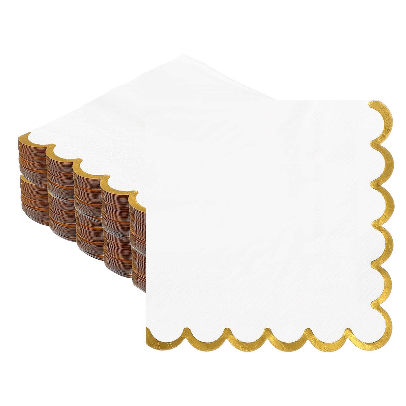 100Pcs Scalloped Cocktail Napkins with Gold Foil(5 x 5 Inch White)]