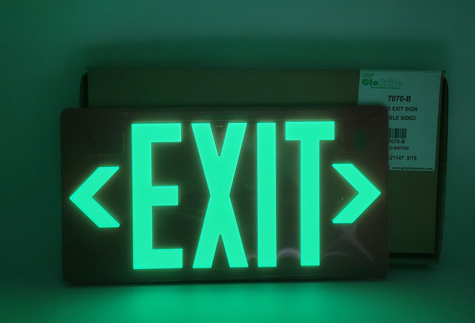 Jessup Glo Brite EXIT Sign Photoluminescent 7070-B Single Sided Directional NEW