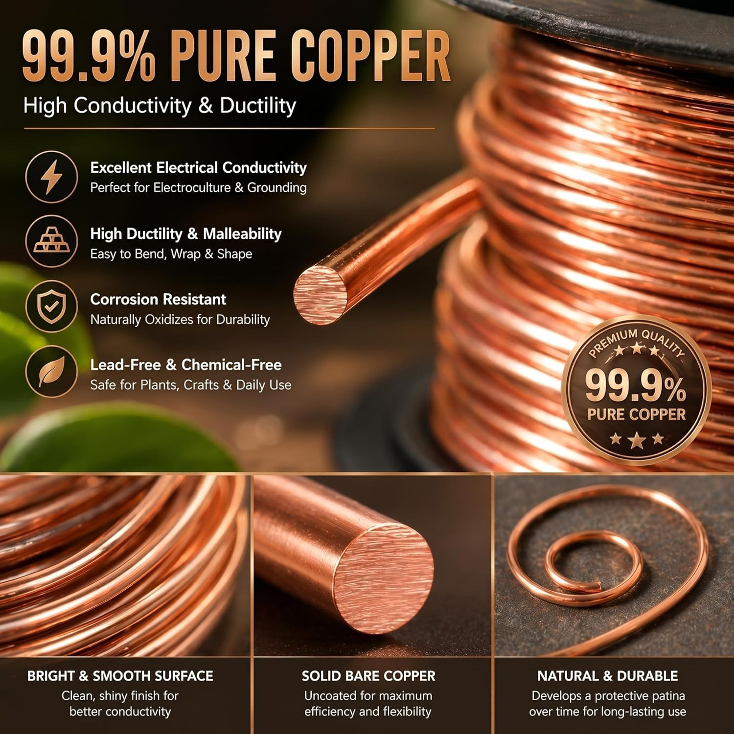 100Ft 24 Gauge Copper Wire for Gardening, Electroculture, Bonsai, Jewelry Making