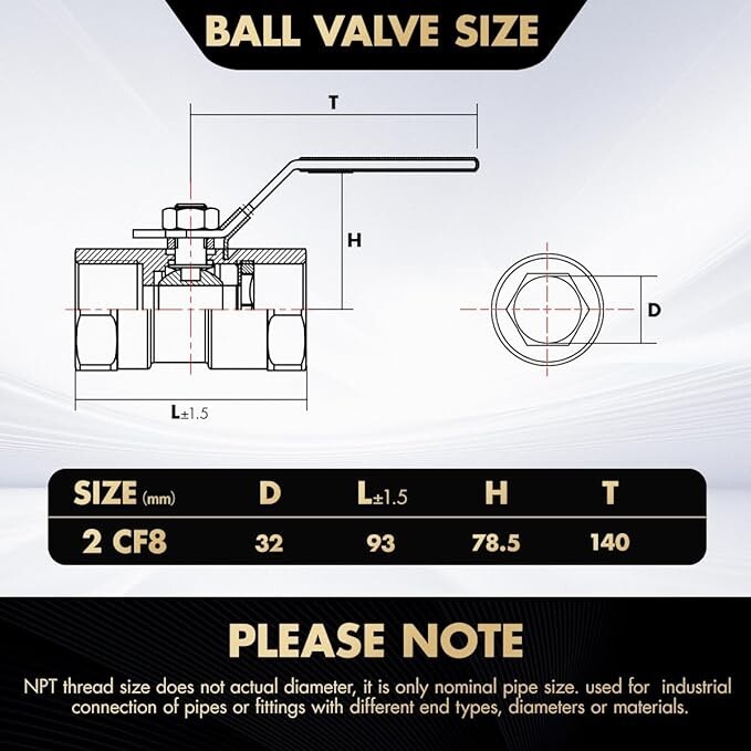 1-Piece 2″ Ball Valve , 304 Stainless Steel, 1000 WOG for Water 2PACK