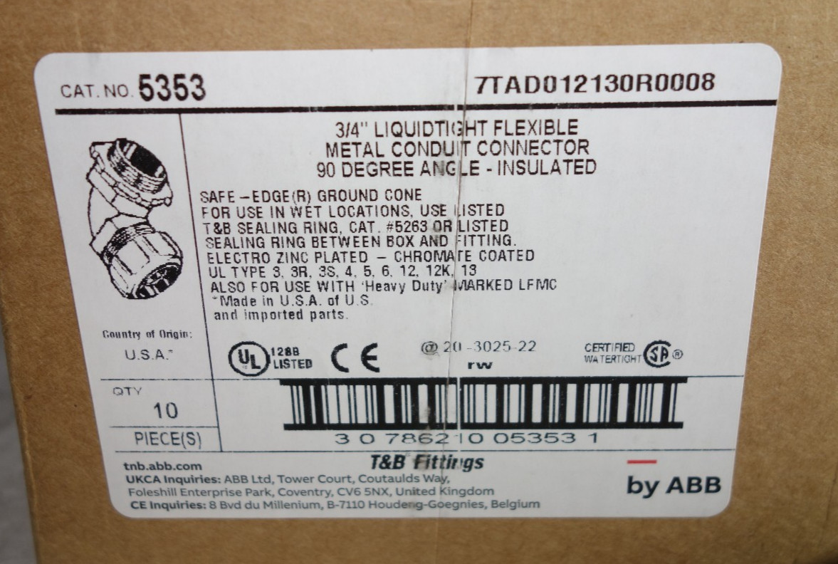 10 Thomas Betts 5353 Liquidtight Flexible Metal Conduit Connector 90 Degree 3/4″