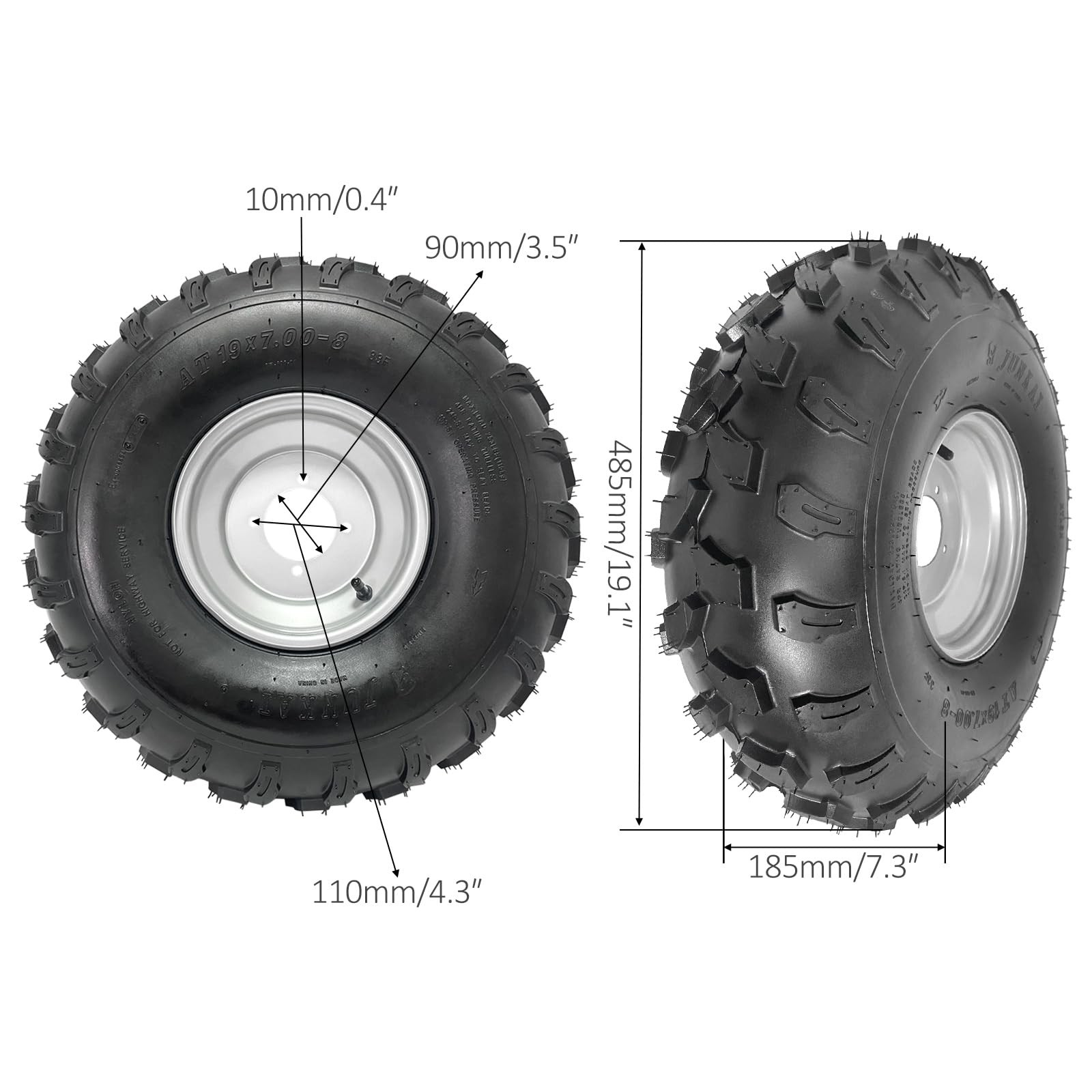 19×7-8 ATV Tire Rim Assembly 4 Stud 4 PLY 8 Inch 253 LBS 24T Spline Hub Off-Road