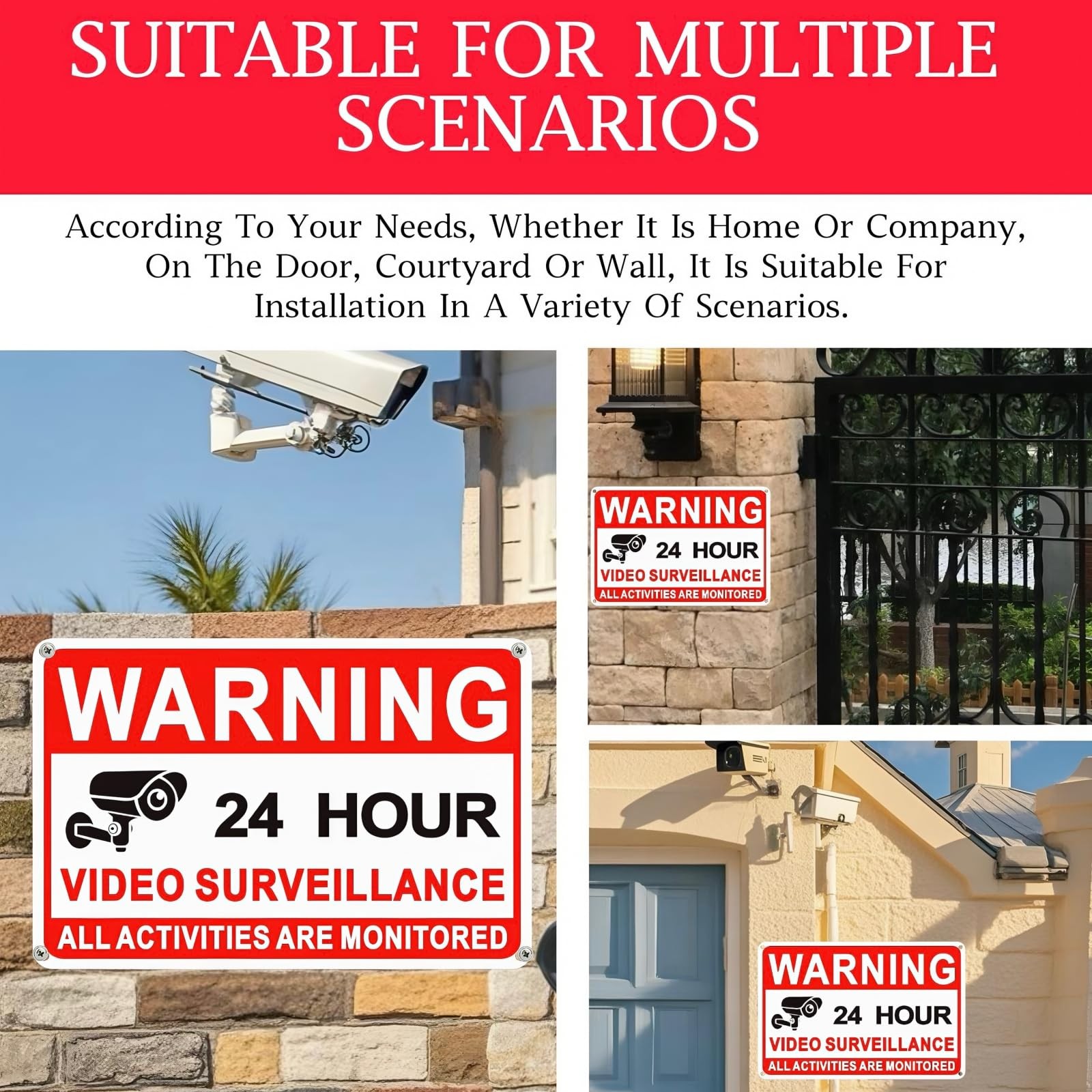 4 Pack Video Surveillance Signs, 24hr Monitoring No Trespassing Camera Sign
