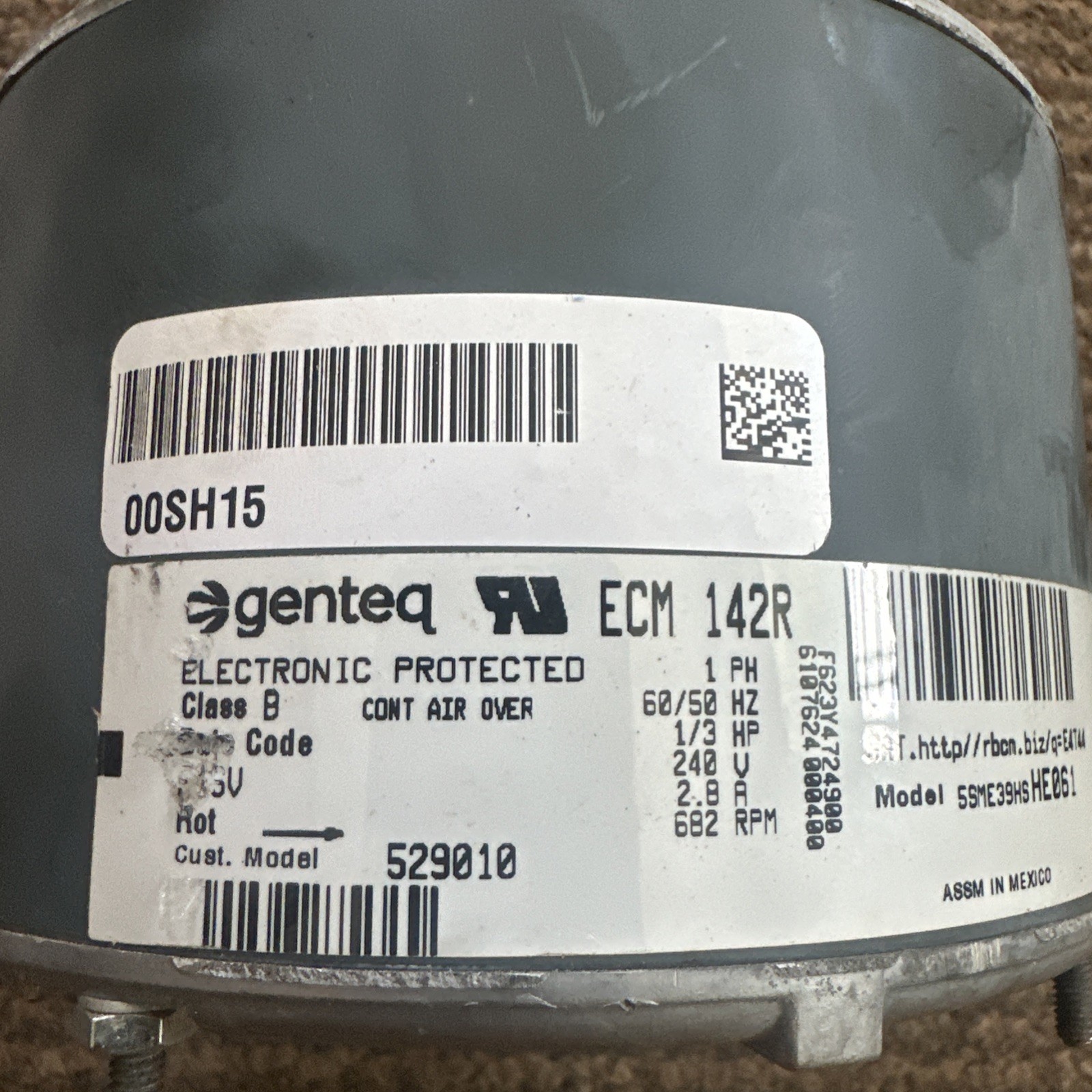 Genteq 00SH15 motor ECM 142R 5SME39HS HE061 240v 1/3hp 529010