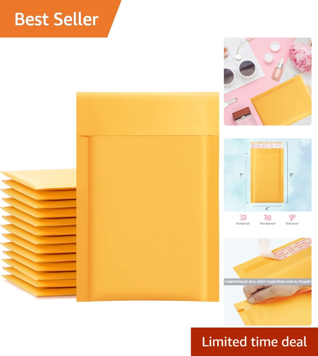 Compact Yellow Kraft Bubble Envelopes 4×8 Inch – 50 Pack for Shipping Essentials
