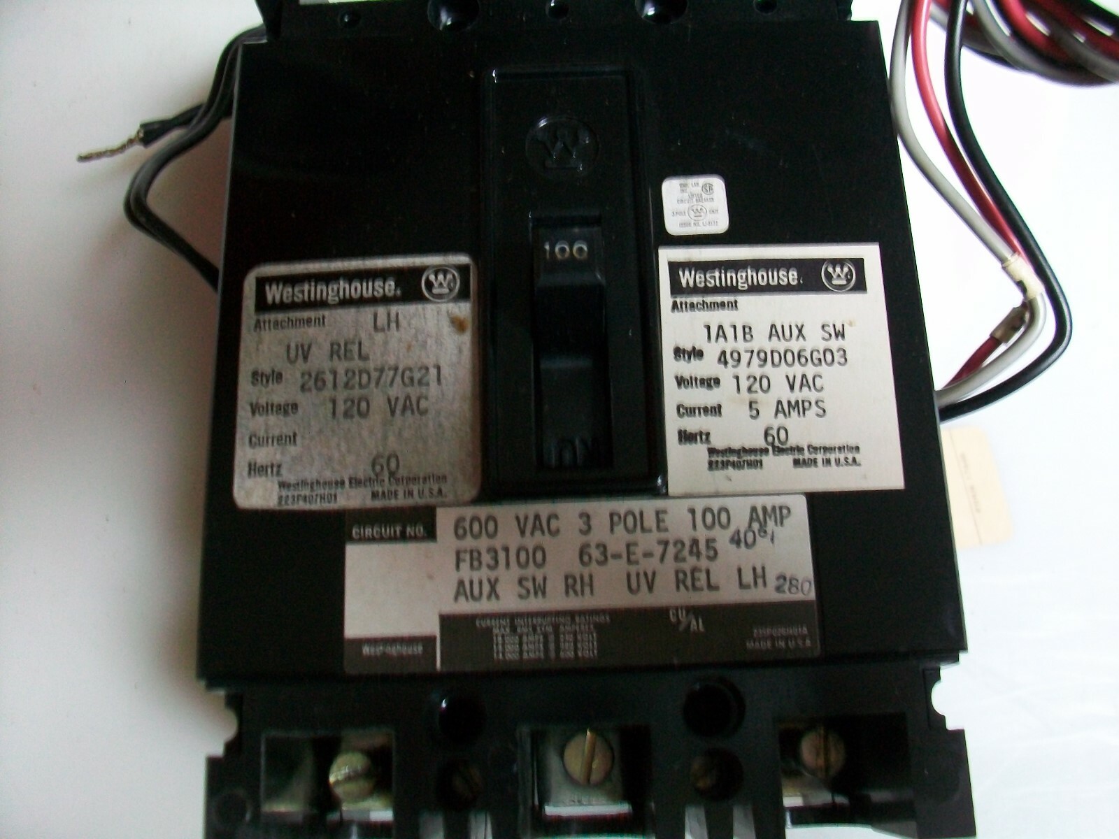 WESTINGHOUSE FB3100 100 A 3P 600 V. Ac. CIRCUIT BREAKER W/1A-1B AUX SW. AND