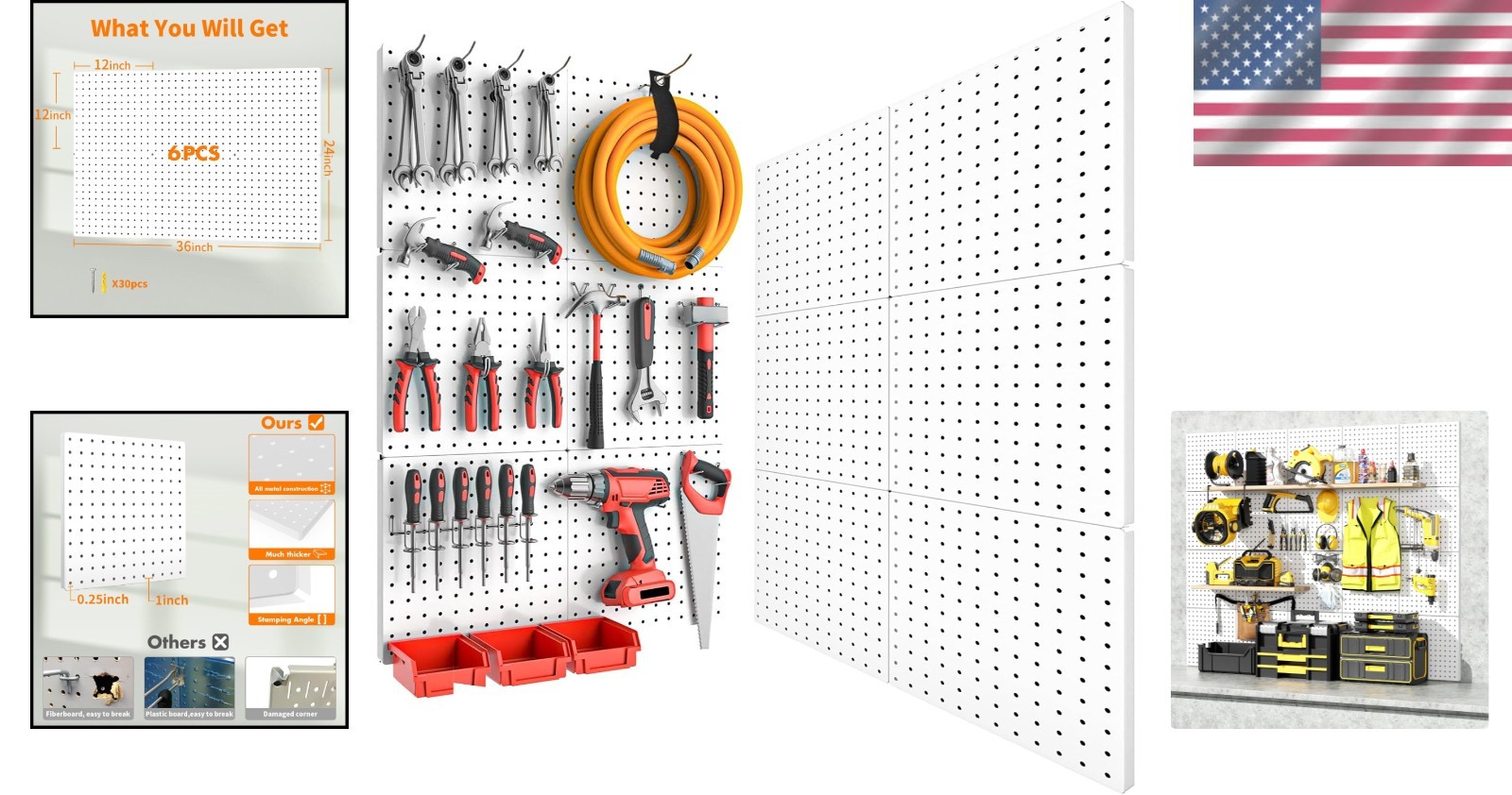 6PCS White Metal Pegboard – Perfect for Home, Garage, and Craft Storage