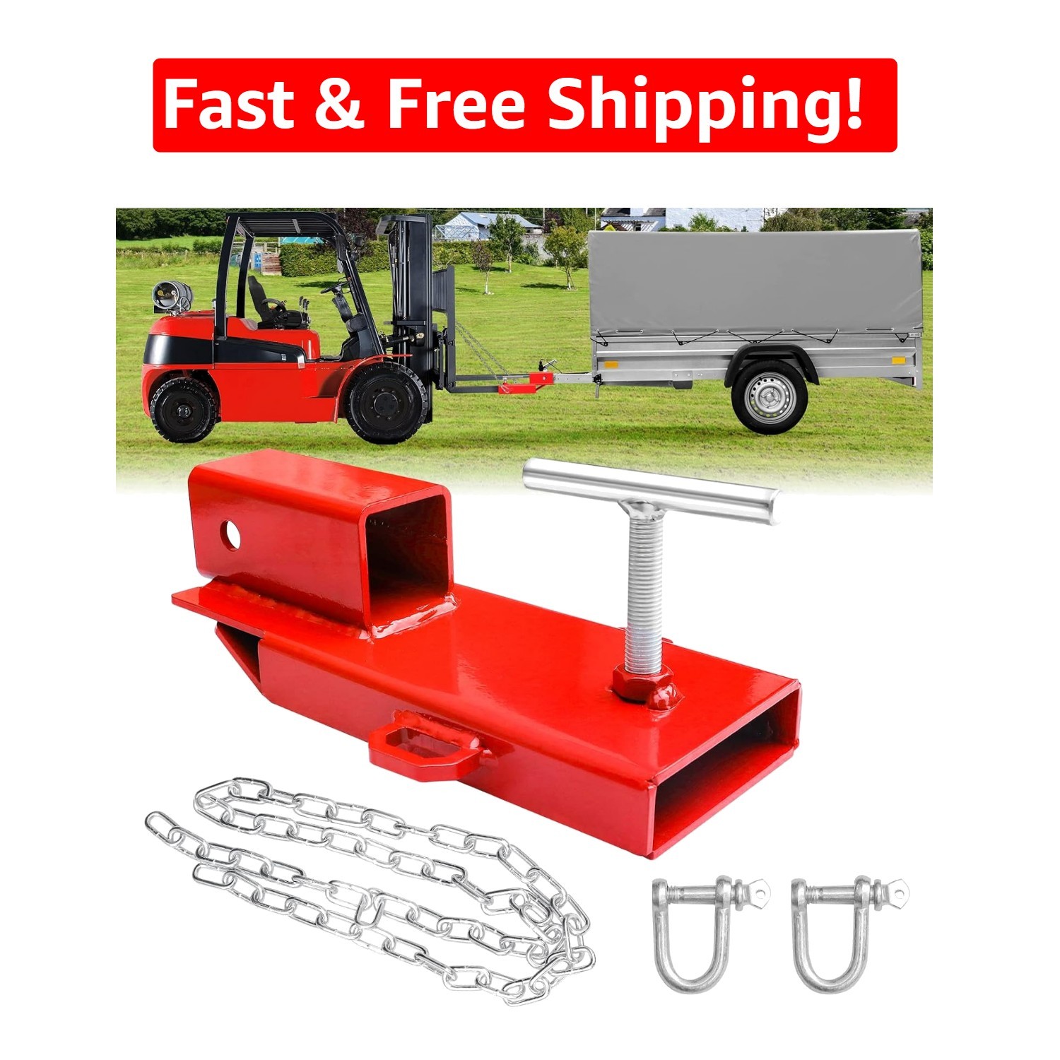 Universal 2-Inch Forklift Receiver Hitch, Quick Installation with Chain, Red
