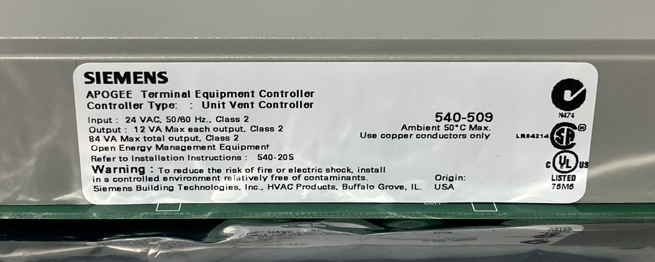 Siemens 540-509 Apogee Unit Vent Controller Terminal – Powers On, No Power Cord