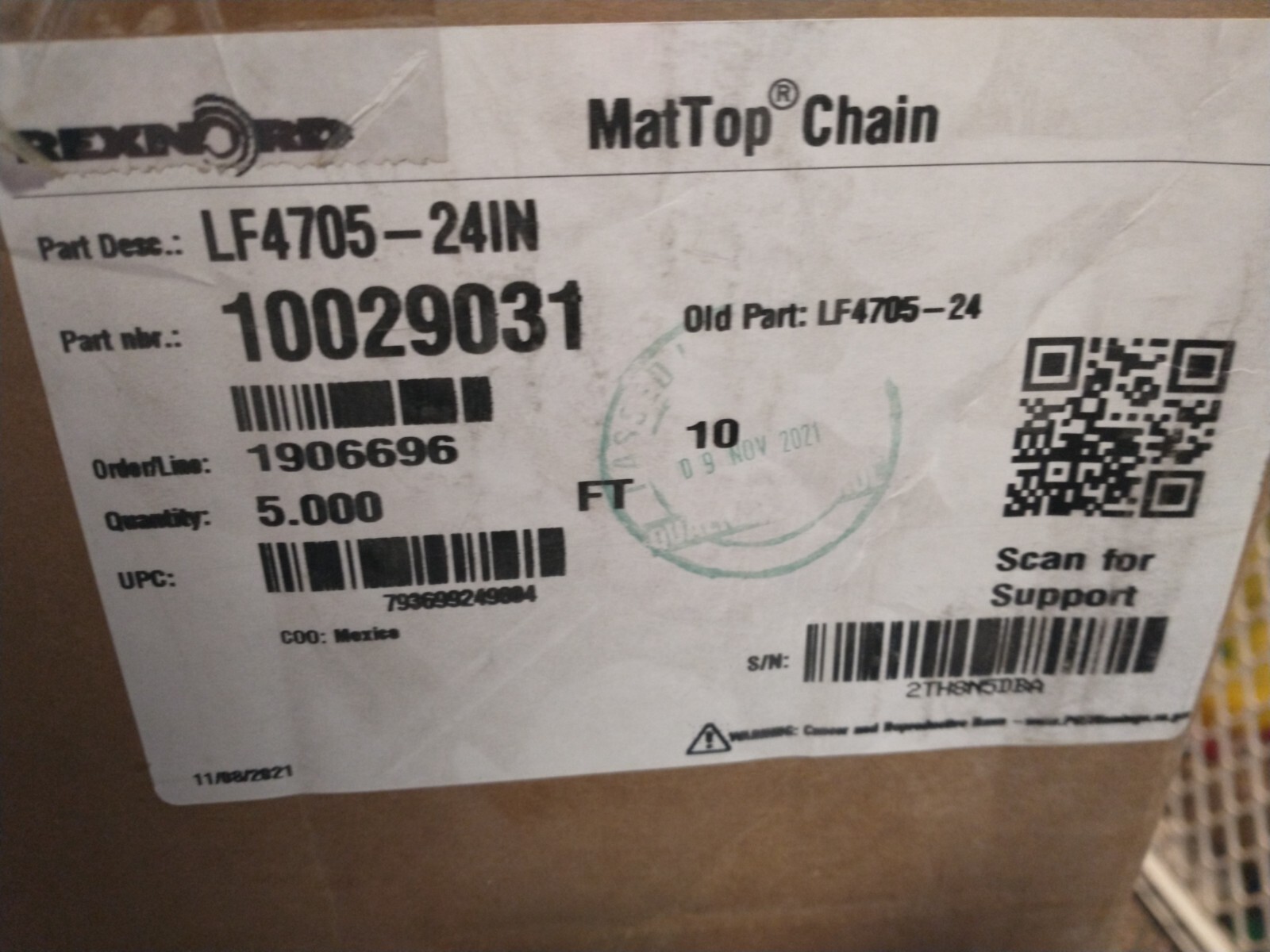5′, Rexnord MatTop Chain LF4705-24IN Straight Running Solid Top 24″ W 1.5″ Pitch