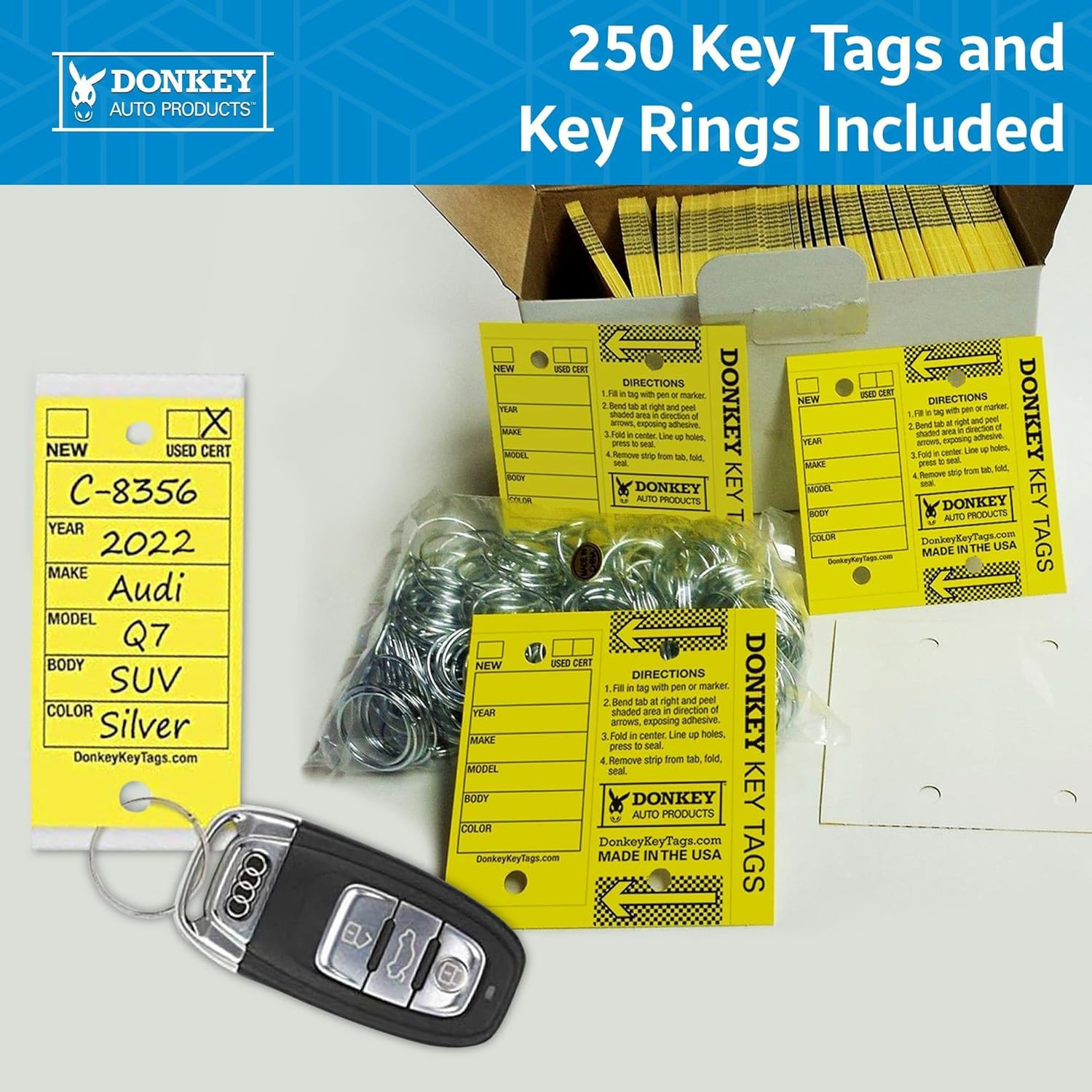 Donkey Key Tags, Laminated Self-Protecting (250 Tags per Box with Metal Rings) (