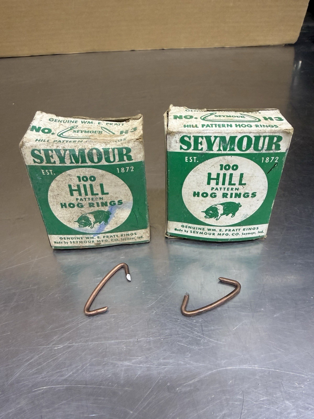 2 Boxes Seymour No. H3 Hill Pattern Hog Rings About 100 Per Box New Old Stock