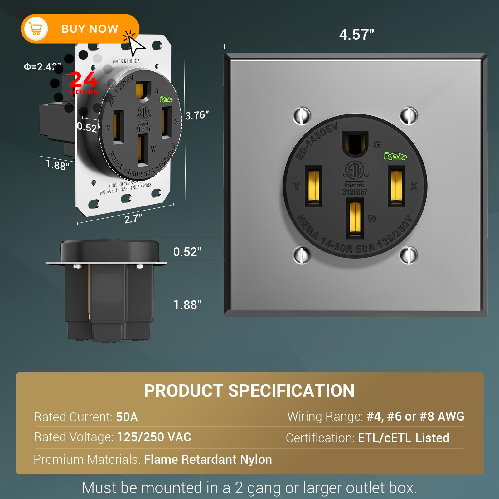 EPLESFTON Nema 14-50 EV Outlet with Wall Plate Included, Black