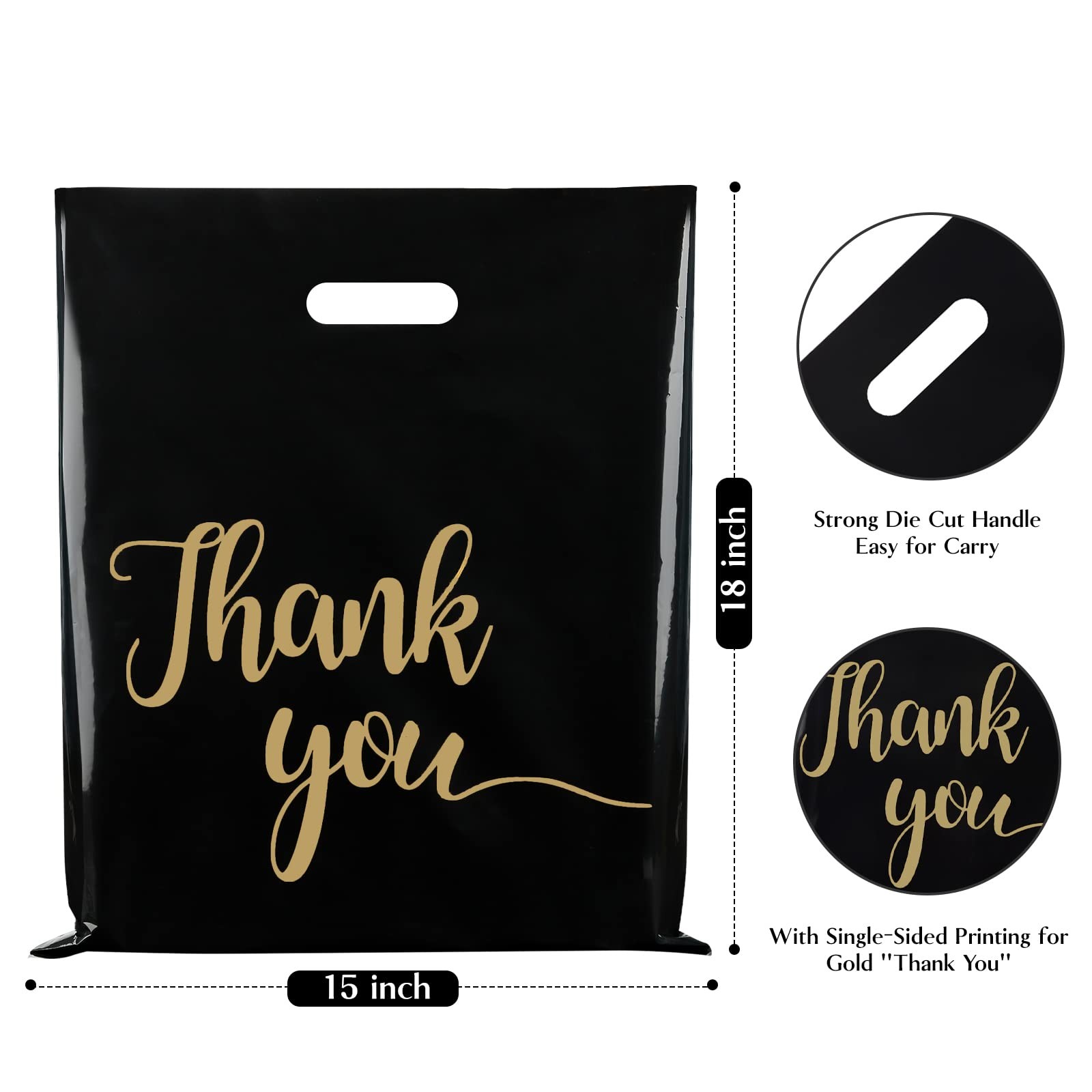 100 Pack Black Thank You Shopping Bags for Small Business – 15″x18″ Extra Thick