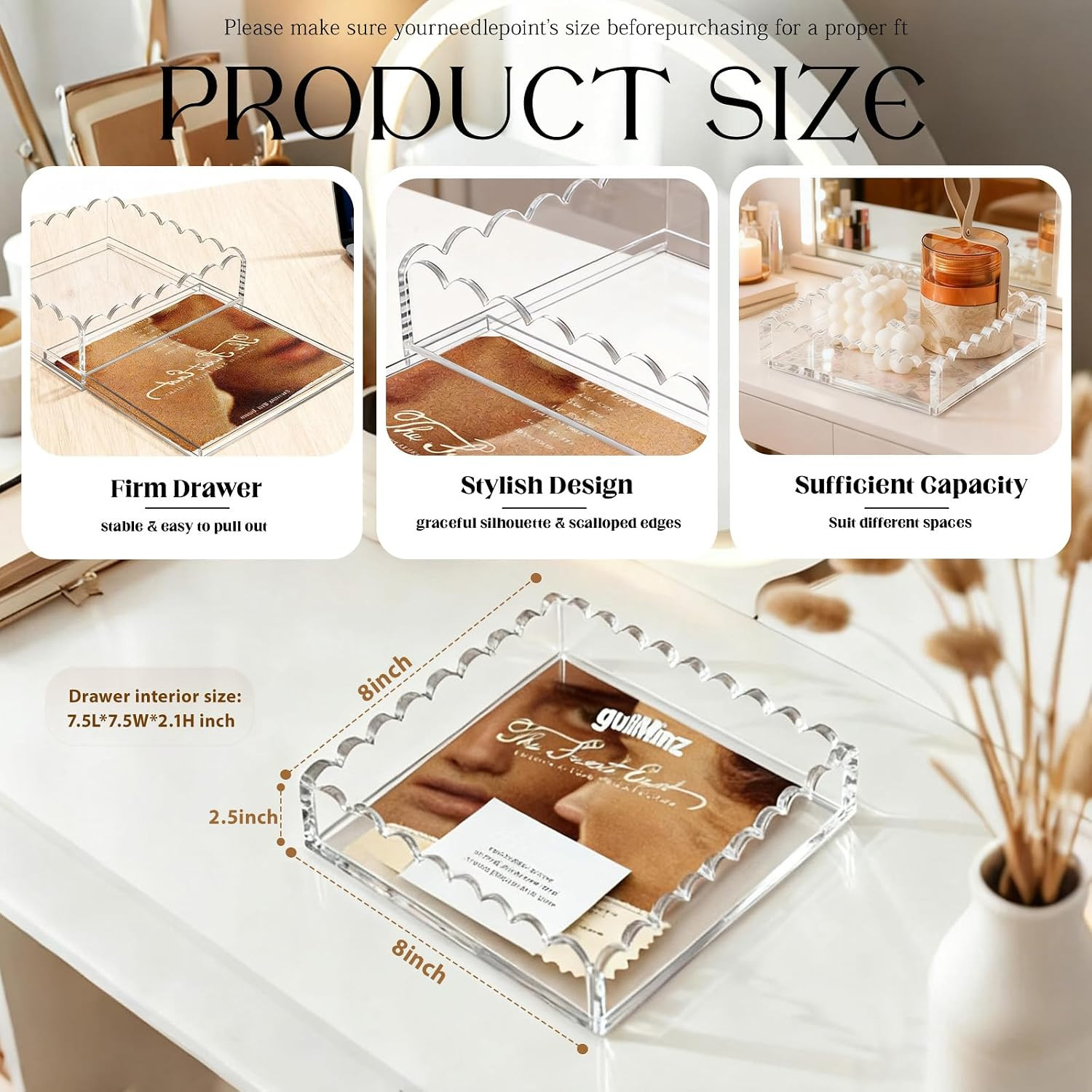 Acrylic Trays for Needlepoint 8″ X 8″, Scalloped Acrylic Tray with Drawer for I