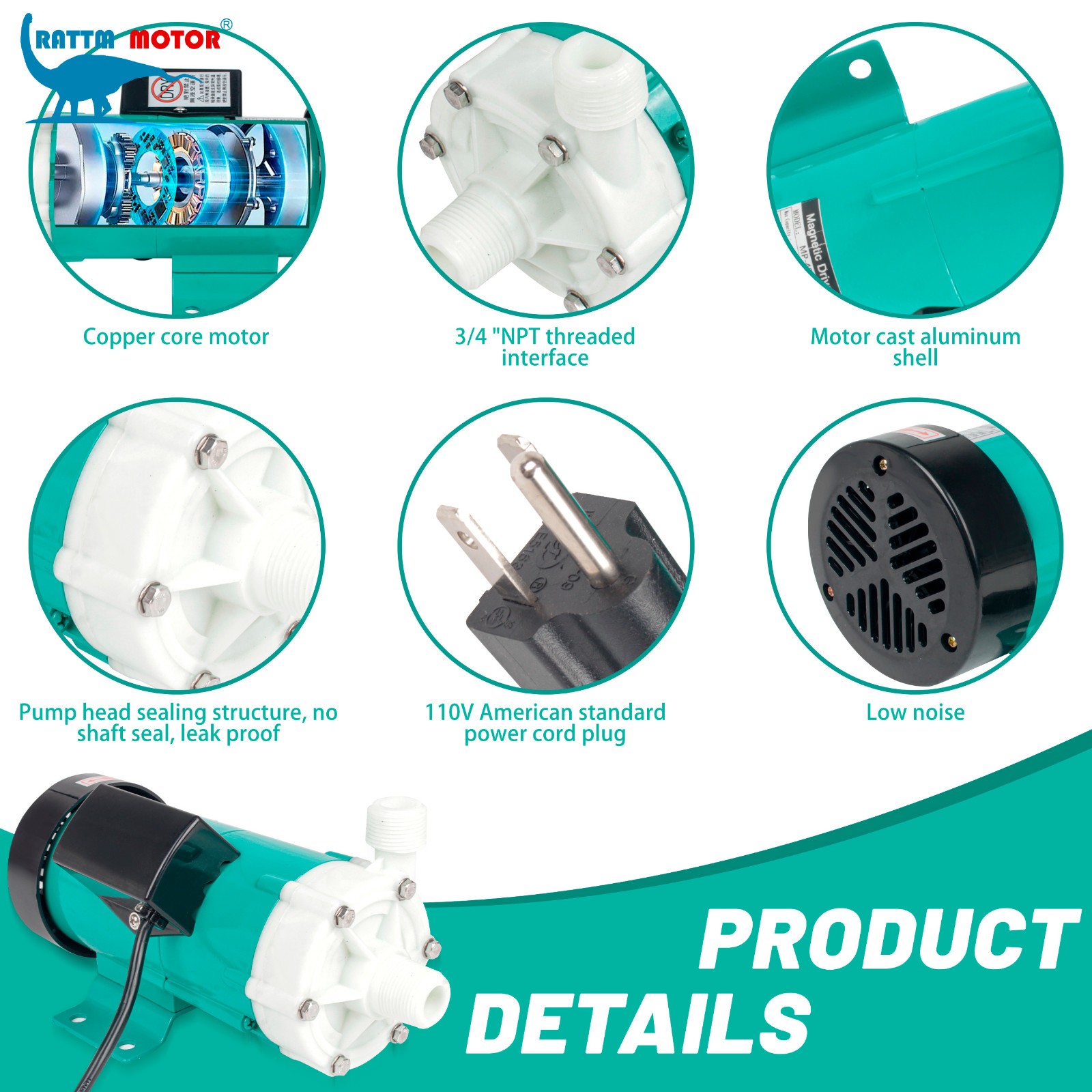 【US】65W 824GPH Magnetic Drive Pump Head 21.3ft 3000RPM 52L/min 3/4″ Thread 110V