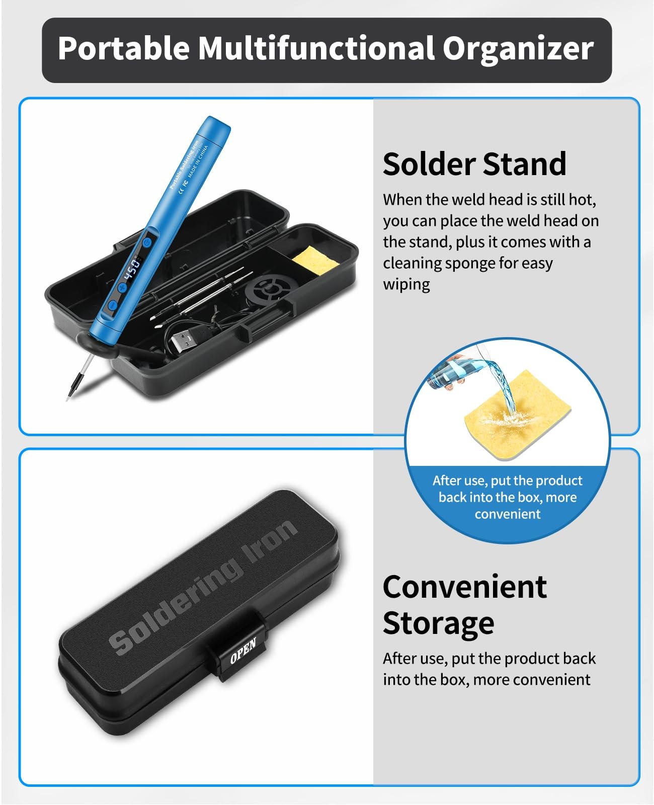 Cordless Soldering Iron Kit – 1100mAh USB Rechargeable Portable Blue