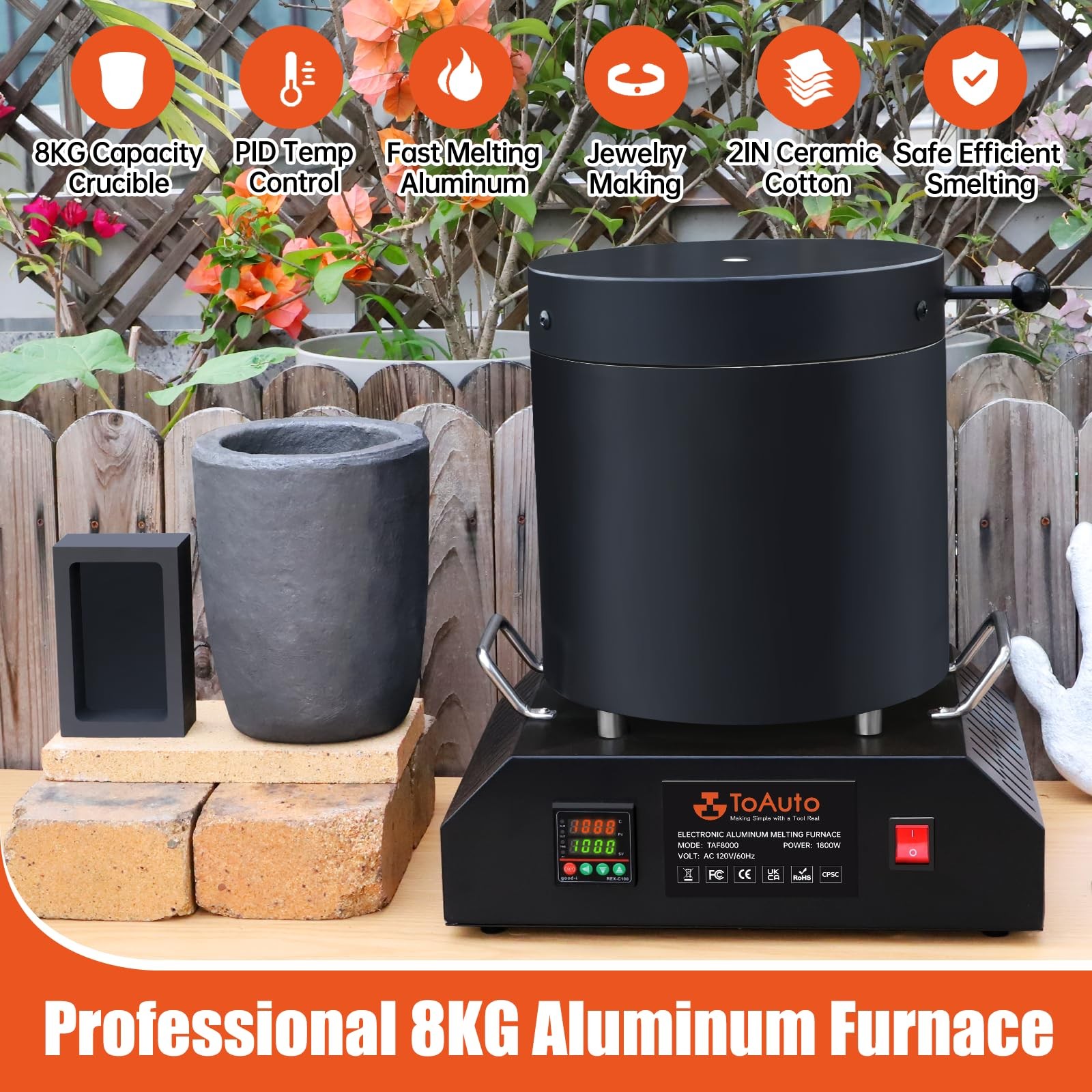 Electric Melting Furnace 8KG 1800W Aluminum Smelter Kiln TAF8000 TOAUTO Large