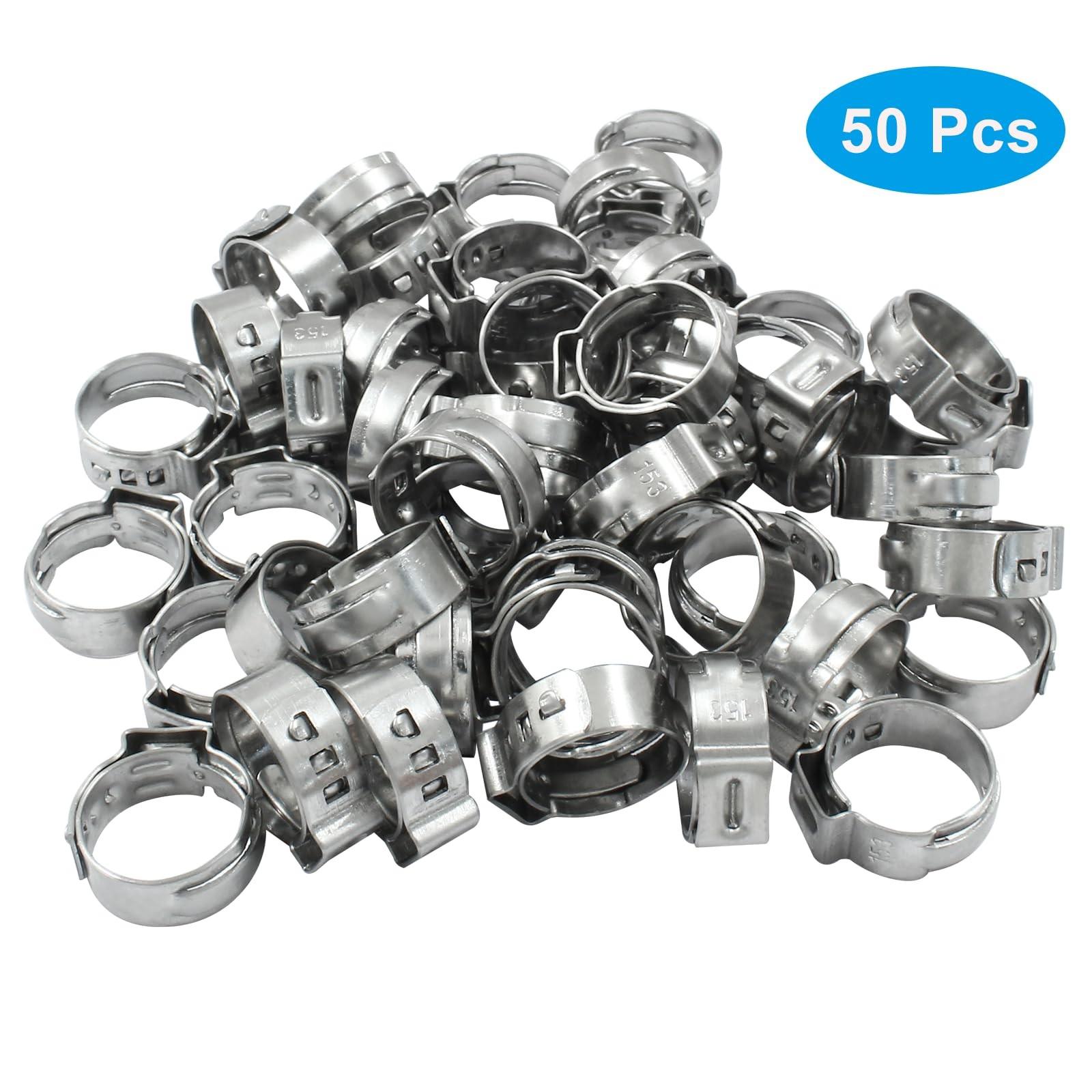 Litoexpe 50 Pcs Single Ear Hose Clamp 12.8-15.3mm 12.8mm-15.3mm, Silver