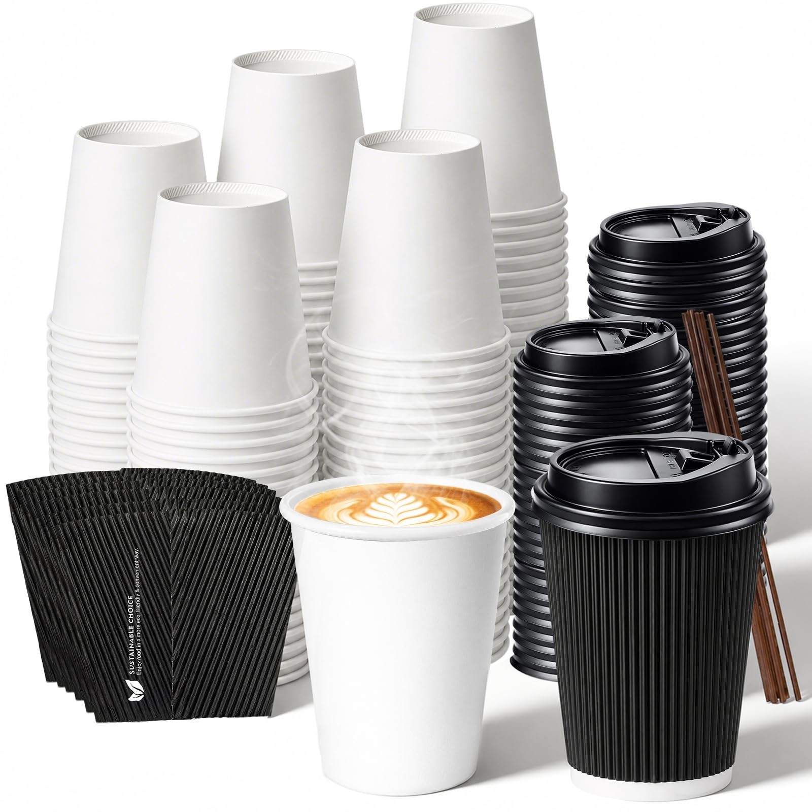 50 Pack Insulated Disposable Coffee Cups with Lids & Straws, Hot/Cold To Go Cups