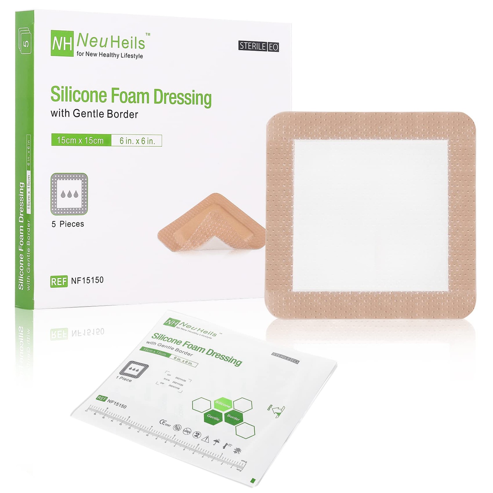 NeuHeils Silicone Adhesive Foam Dressing Bandage 6»x6» (Pack of 5), Tan