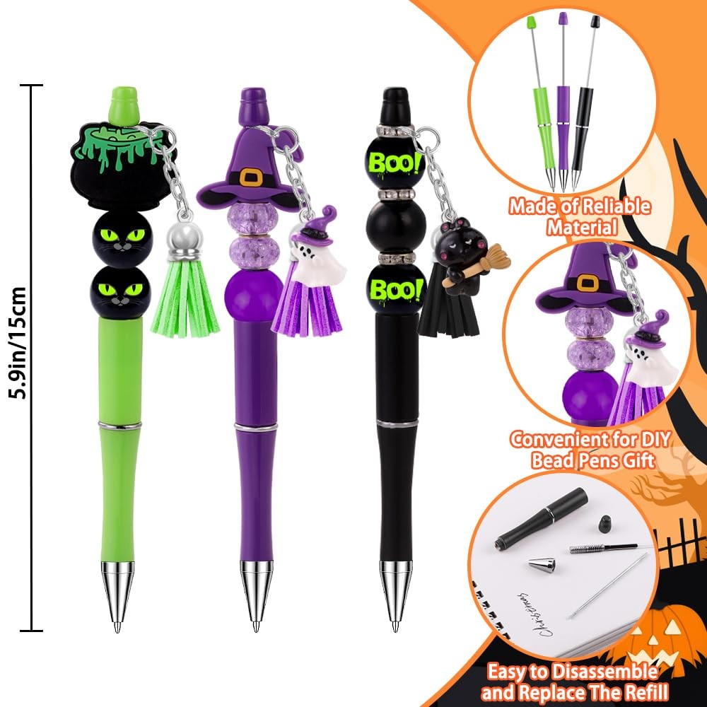 12 Set Halloween Beadable Pens Black Cat Witch DIY Kit Pendants ‎Multicolor