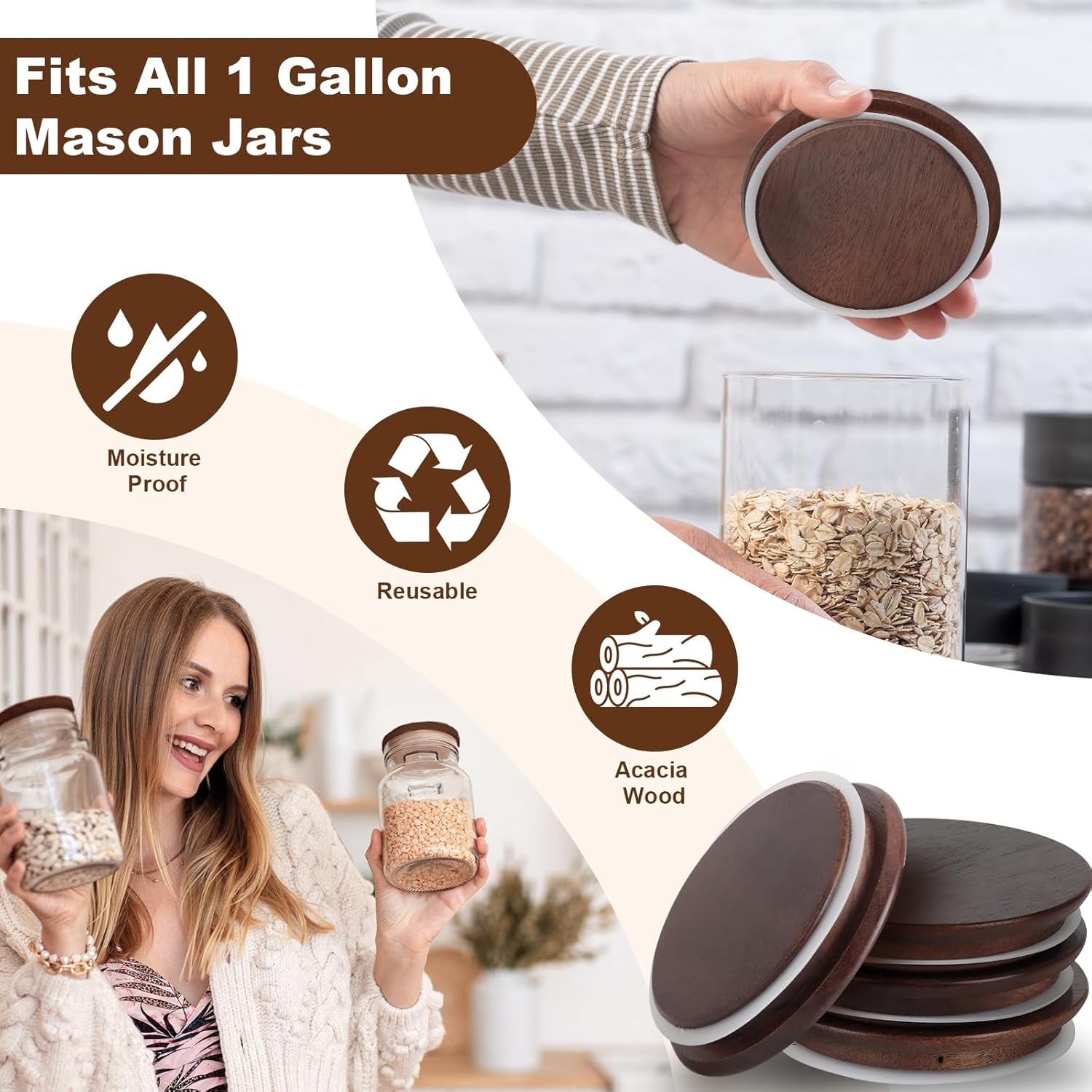 2 PCS 1 Gallon Mason Jar Lids Wooden Fits 3.7 Inch Inner Dia Replacement Mason