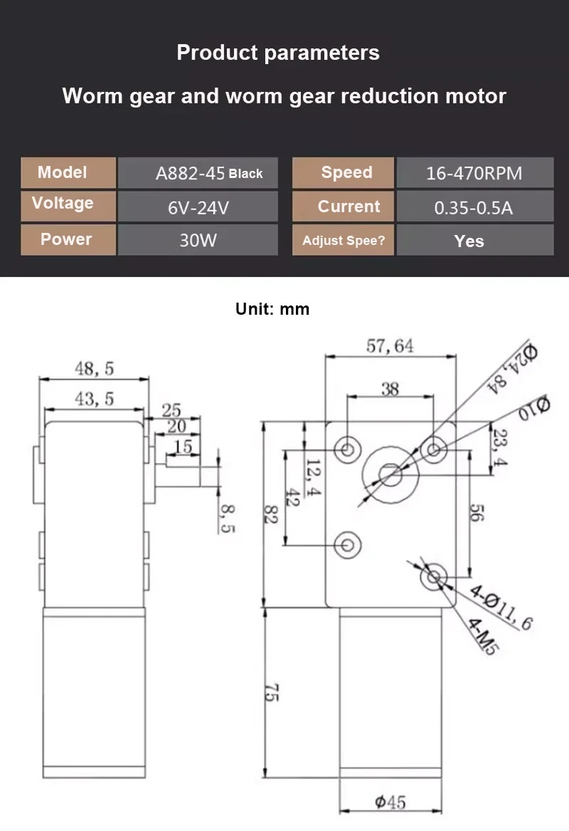 DC12V 24V Strong Torque Metal Turbo Worm Gearbox 250kg.cm Self-Lock Gear motor