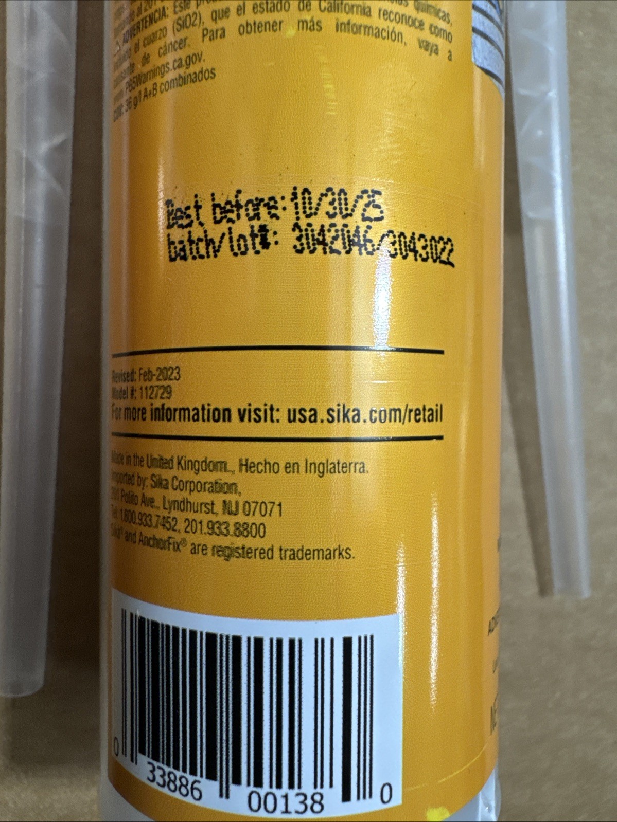 2-Sika 1 112729 Anchoring Adhesive 10.1 oz BB 10/30/25 TESTED ON 07-23-26 GOOD
