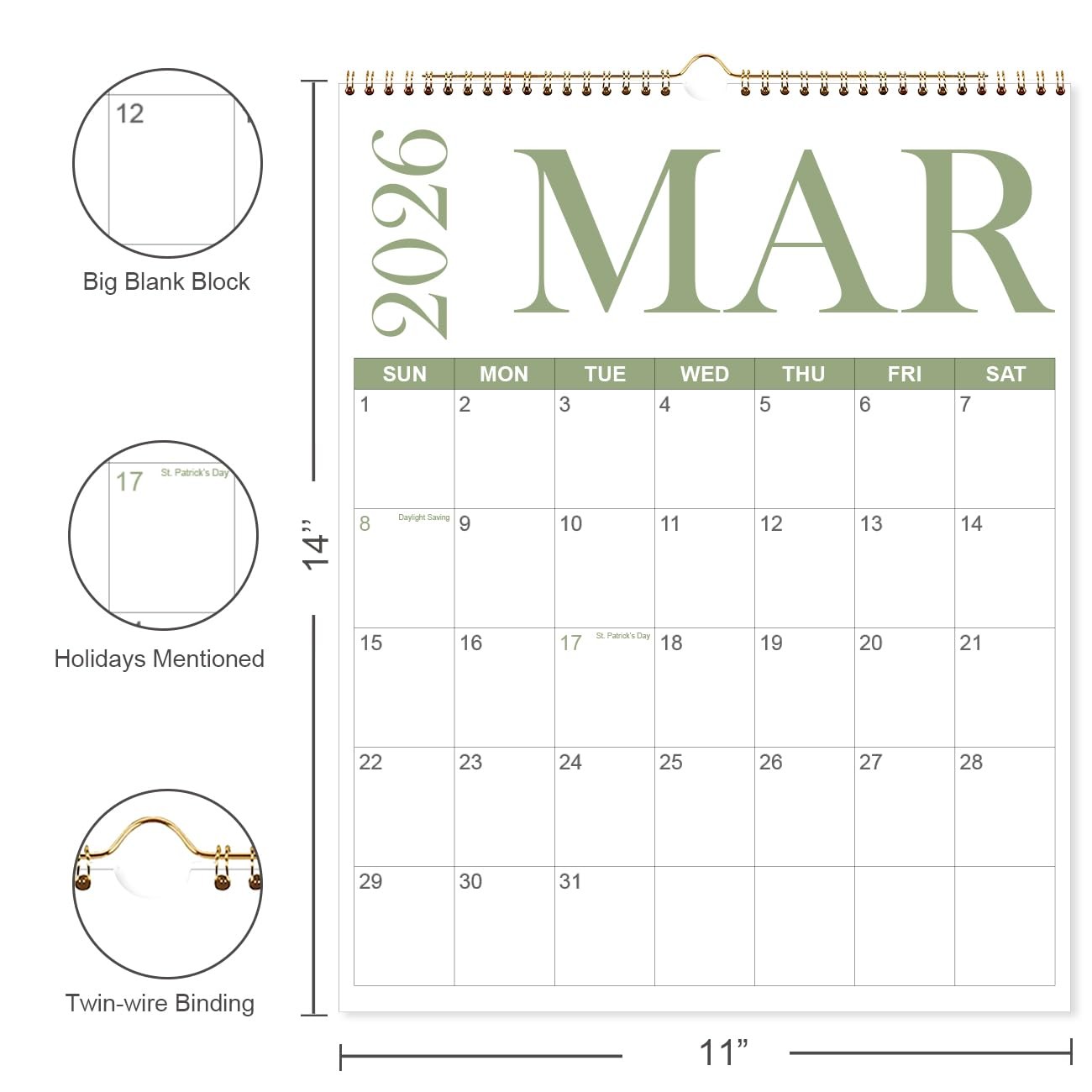 2026 Calendar – 12 Monthly Wall 11″ x 14″ 12-Month Wall, BigLetter