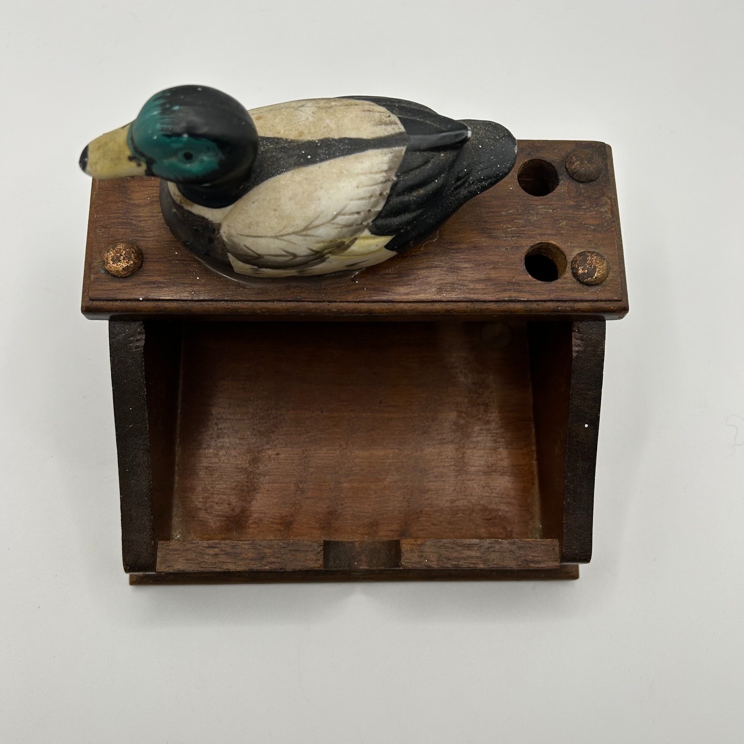 Vintage Giftco Wooden Mallard Duck Desk Organizer Pen Note Memo Holder Rustic