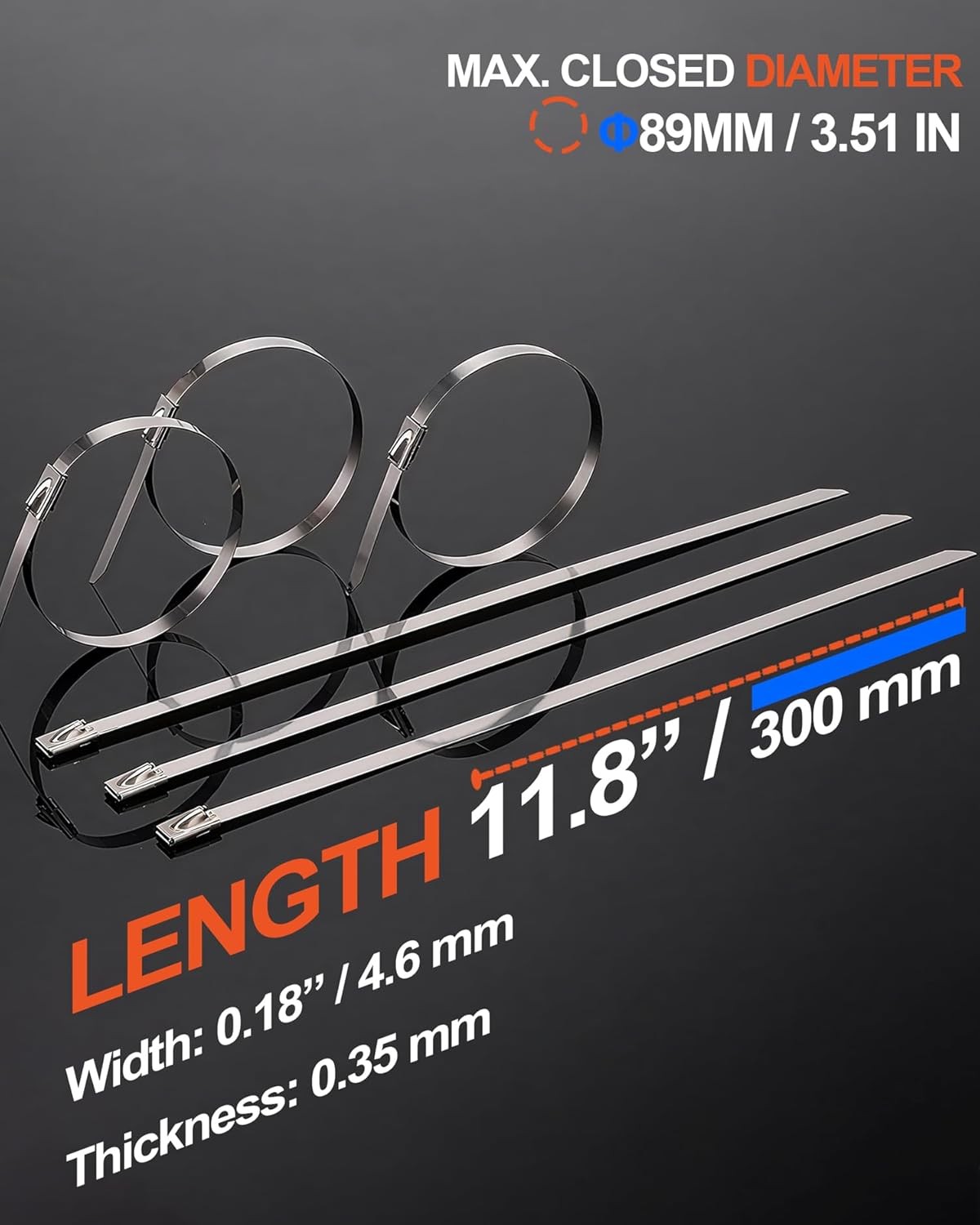 11.8 Inch 304 Stainless Steel Zip Ties 100PCS Heavy
