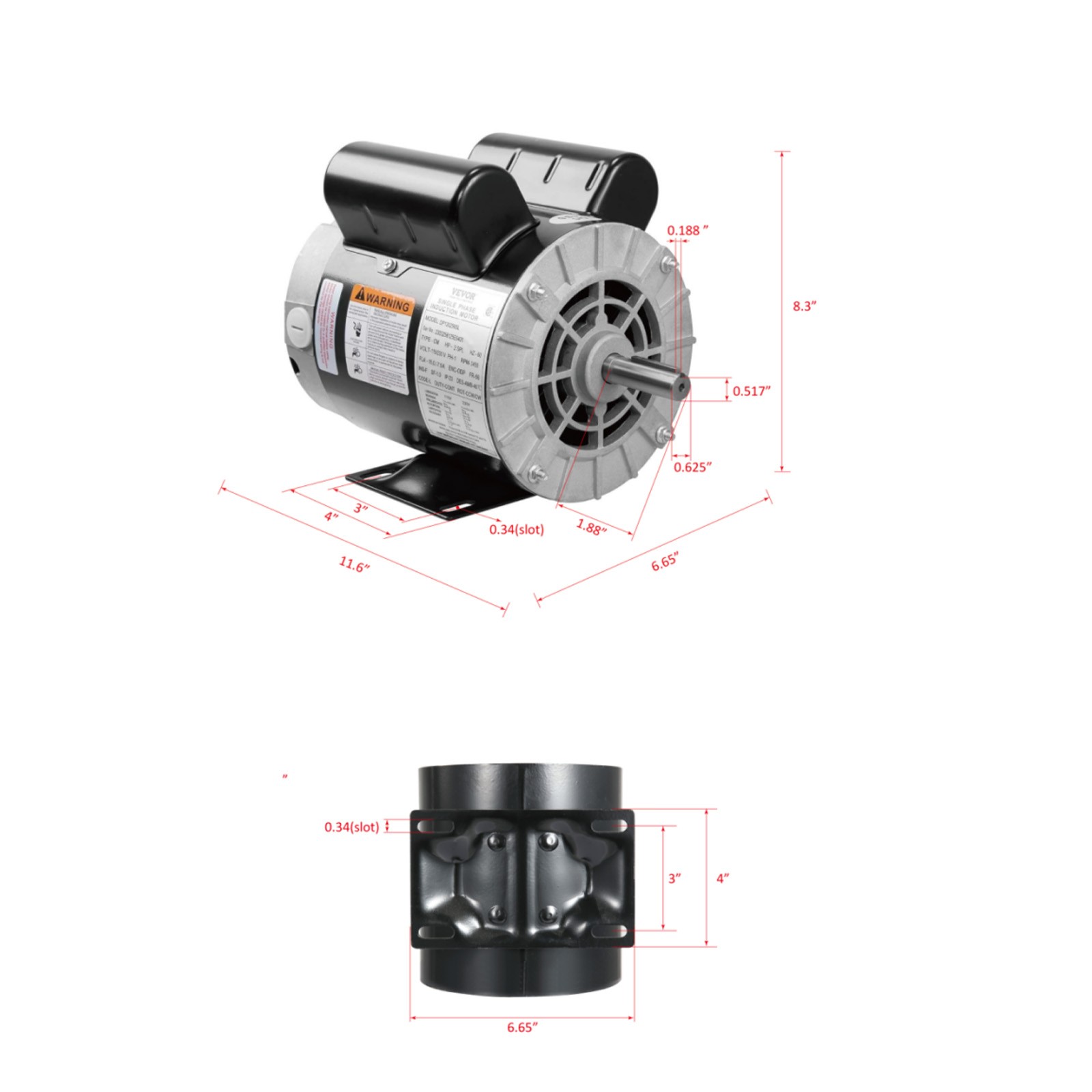 VEVOR 2HP SPL Air Compressor Motor 115/230V 20/10A 3450RPM 56 Frame CW Rotation