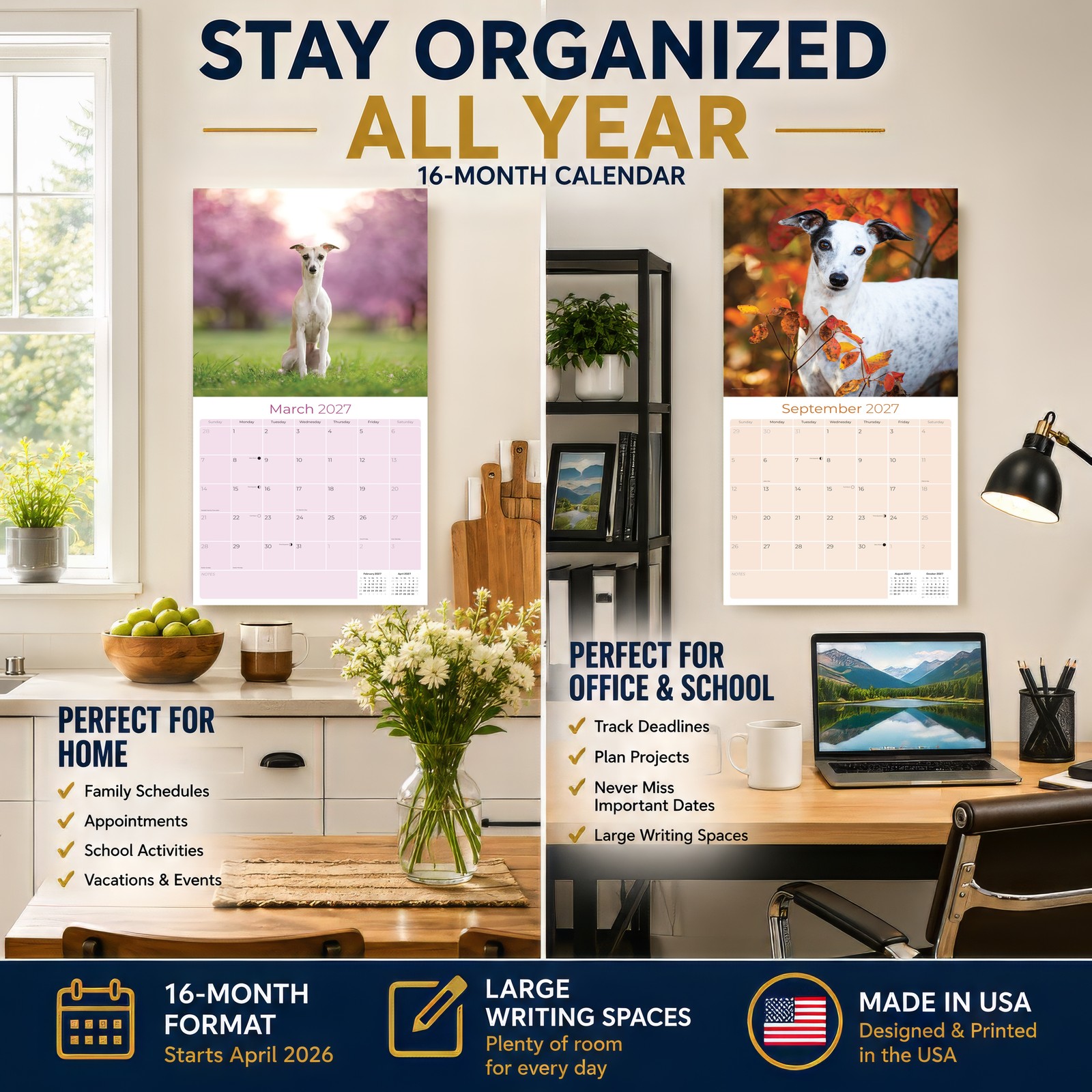 Whippet Dog Breed Calendar 2024 FULL SIZE 12×24 Made in USA
