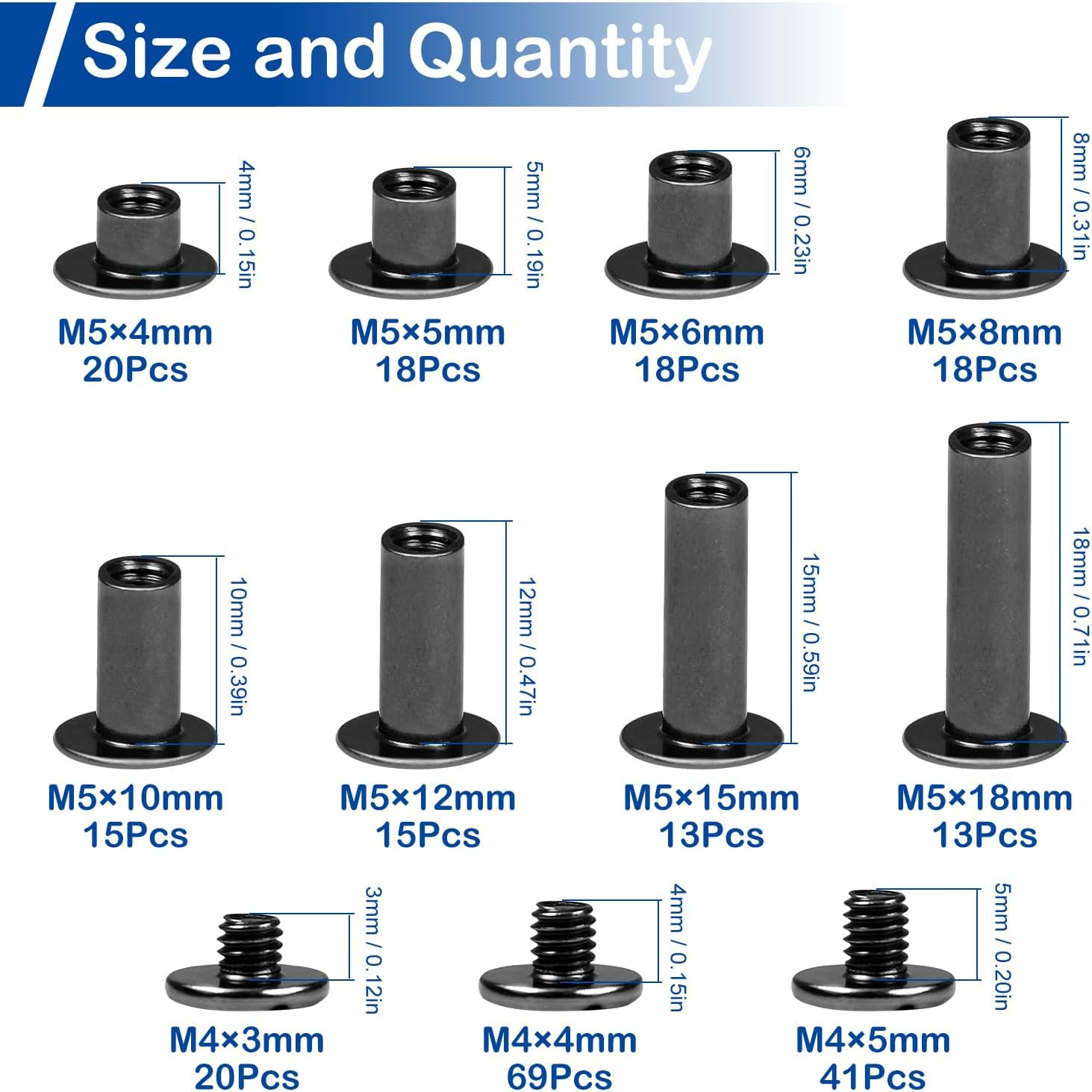 128 Sets Chicago Screws Kit Black Screw Rivets 8 Sizes Carbon Steel Binding Sc