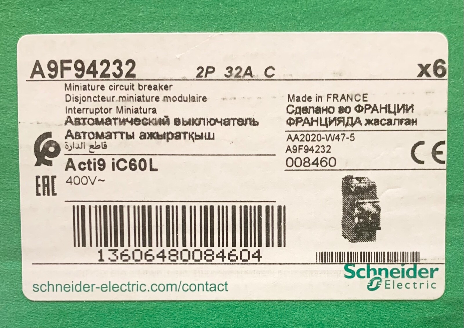 SCHNEIDER ELETRIC A9F94232 Acti9 ic60L 2 Pole 32 AMP C32A Circuit Breaker