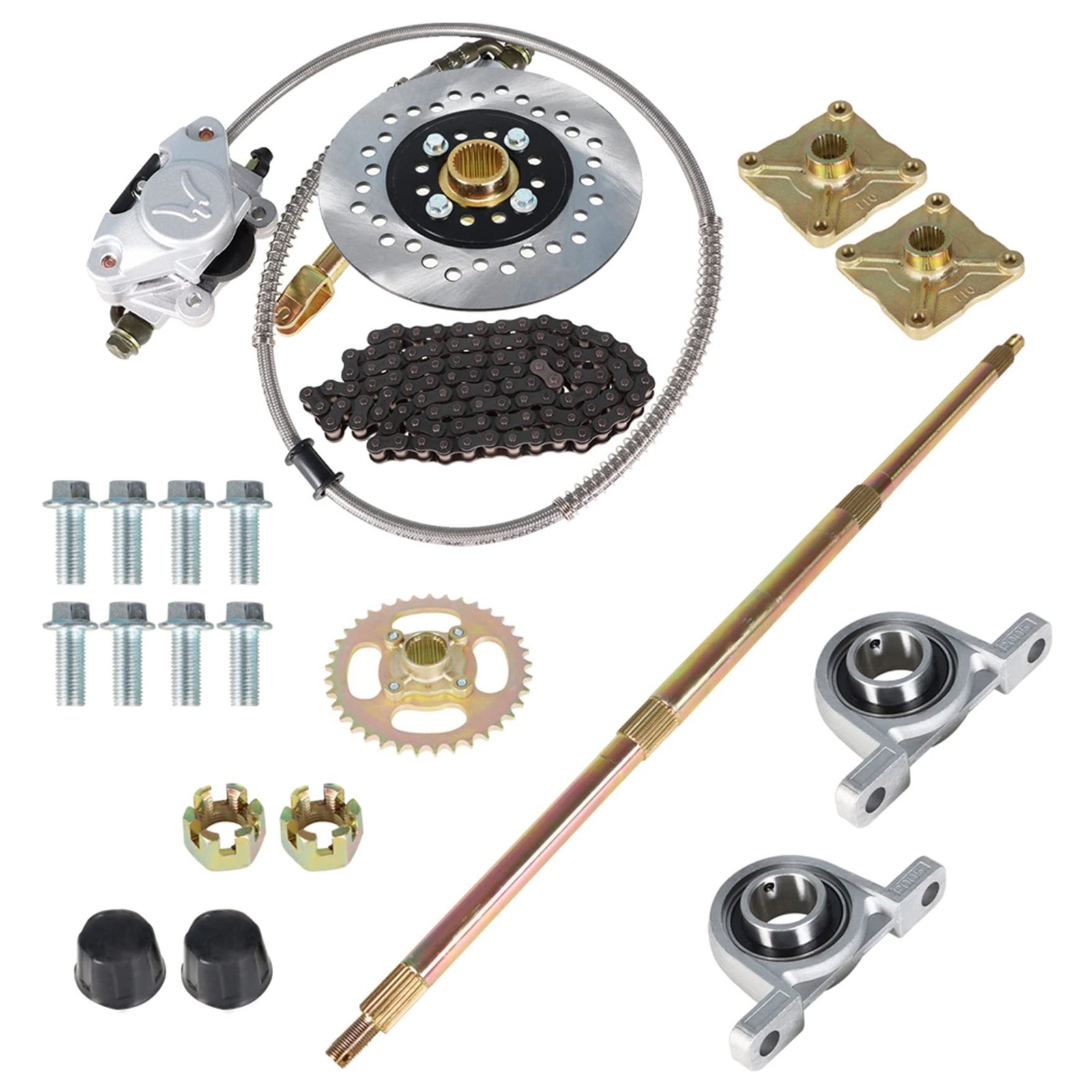 waltyotur 32 Go Kart ATV Rear Axle Assembly Kit Shaft & Hub & Chain & Brake M…
