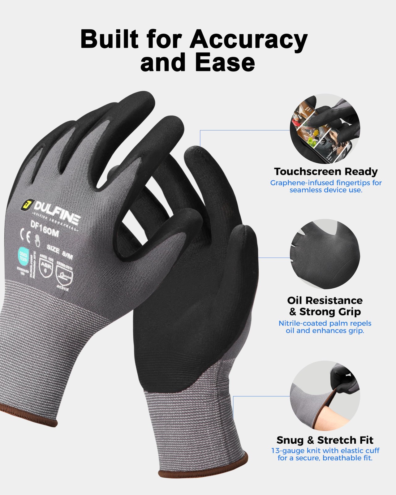 DULFINE Safety Work Gloves MicroFoam Nitrile Coated-12 Pairs Pack,Seamless Kn…
