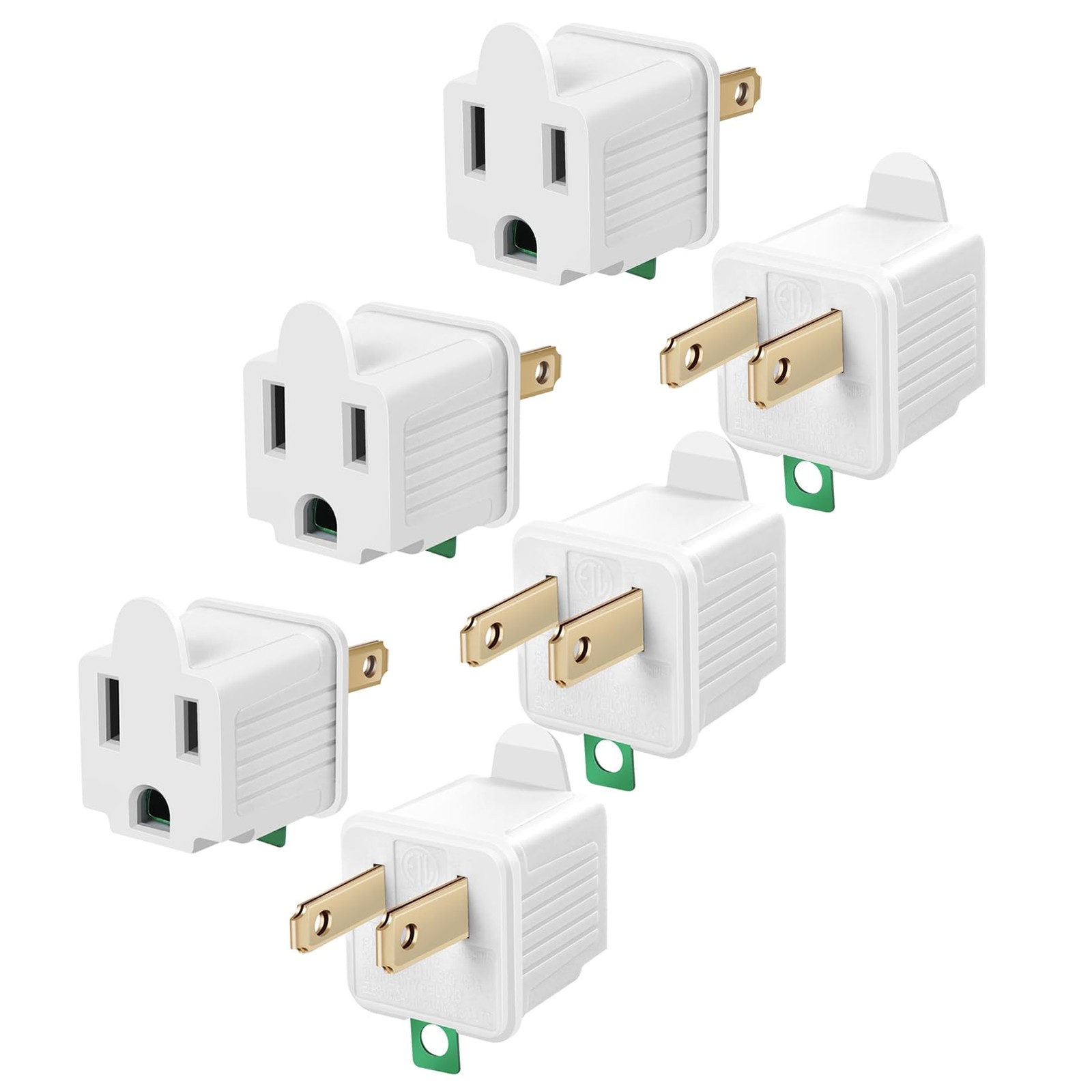 6 Pack 2 to 3 Prong Outlet Adapter Polarized Grounding Plug Converter Grey