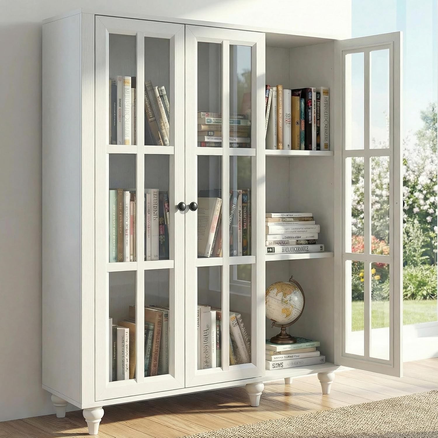 51 Inch Display Bookshelf, 3 Tier Wood Bookcase with 3 Glass Doors &
