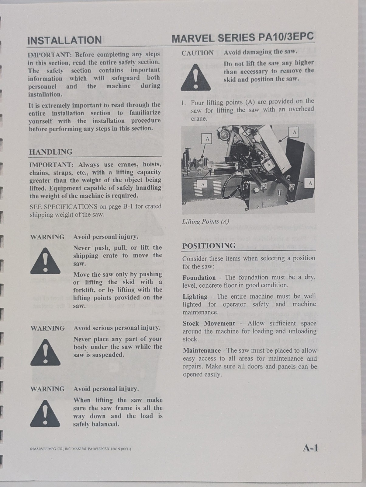Marvel Manufacturing Series PA10/3EPC Horizontal Metal Cutting Bandsaw Manual