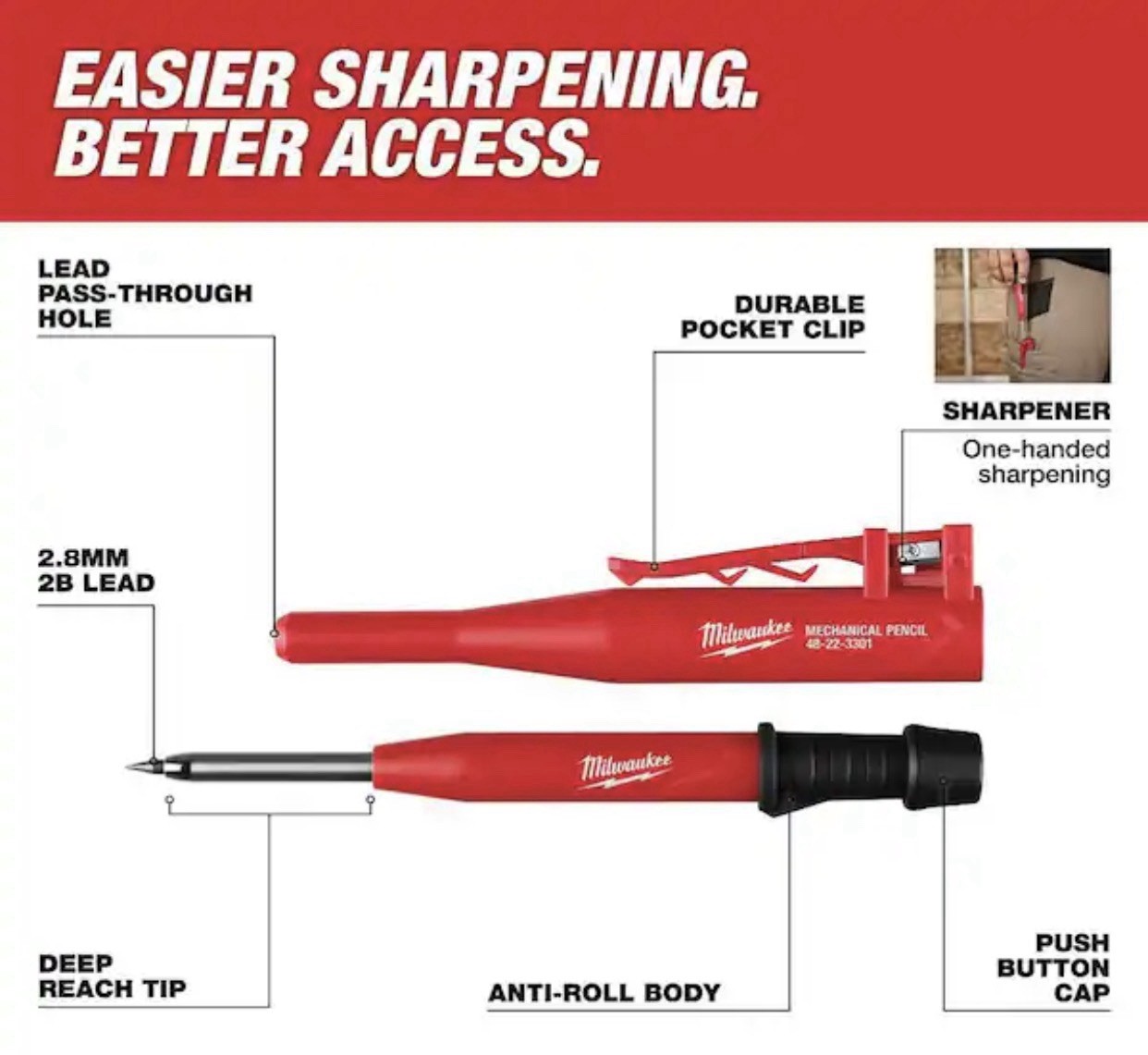 Milwaukee 48-22-3301, Mechanical Pencil w/ 10-piece Lead Pack, Impact Resistant