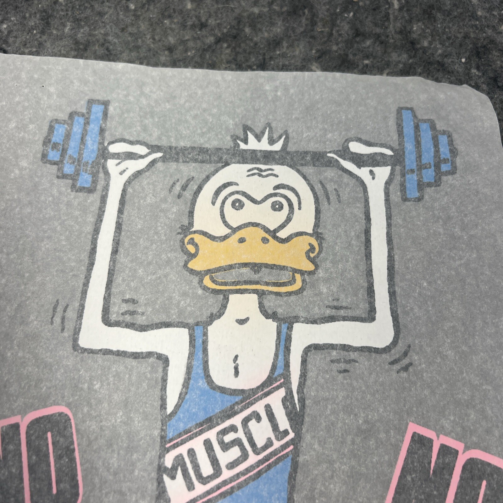VTG 1980’s Neon «No Pain No Gain» Muscle Lifting Duck Iron On Transfer ~11″ x7″