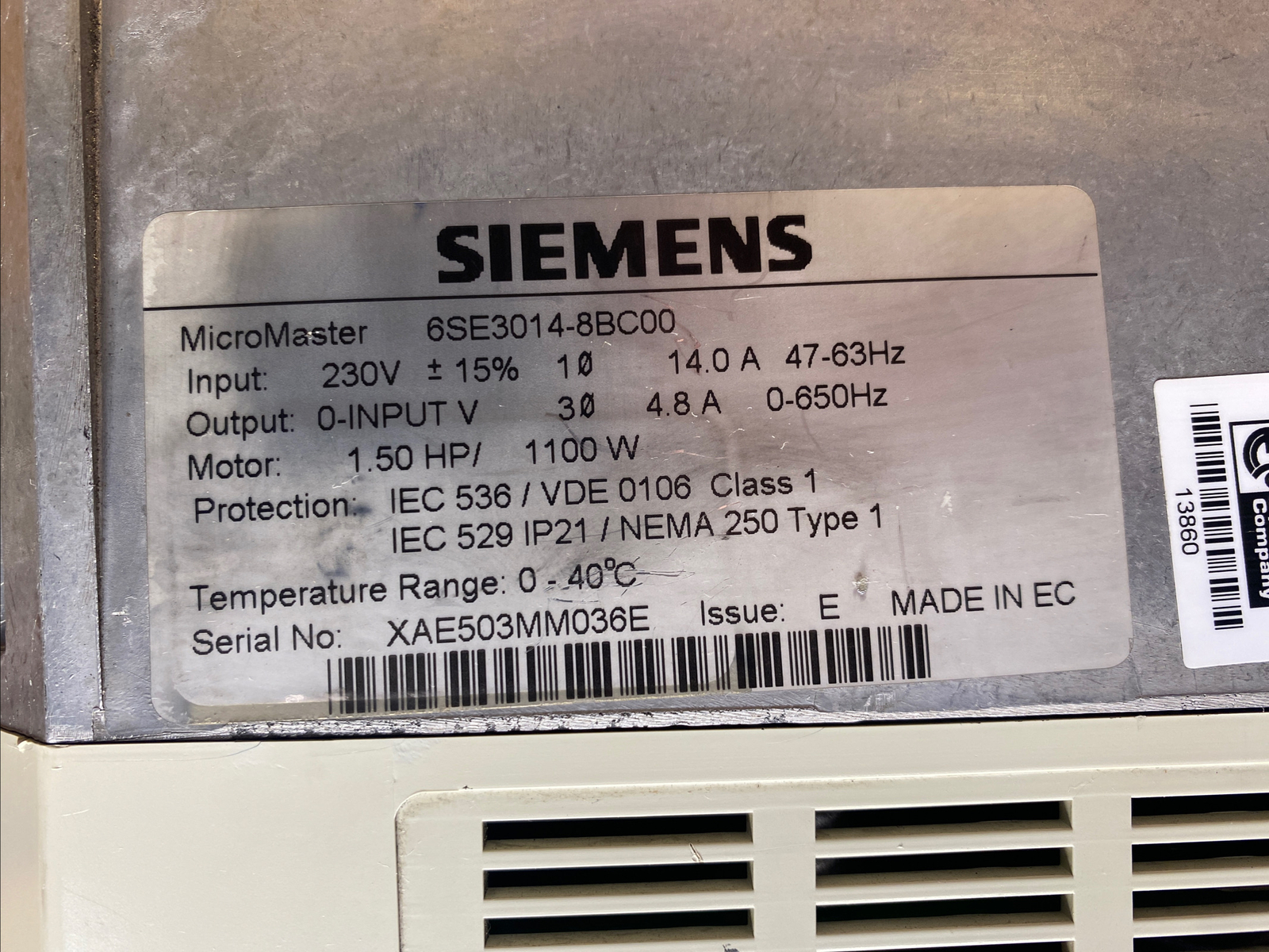 SIEMENS 6SE3014-8BC00 SIMOVERT MICROMASTER DRIVE 1.5HP 1100W 230V FAST SHIPPING