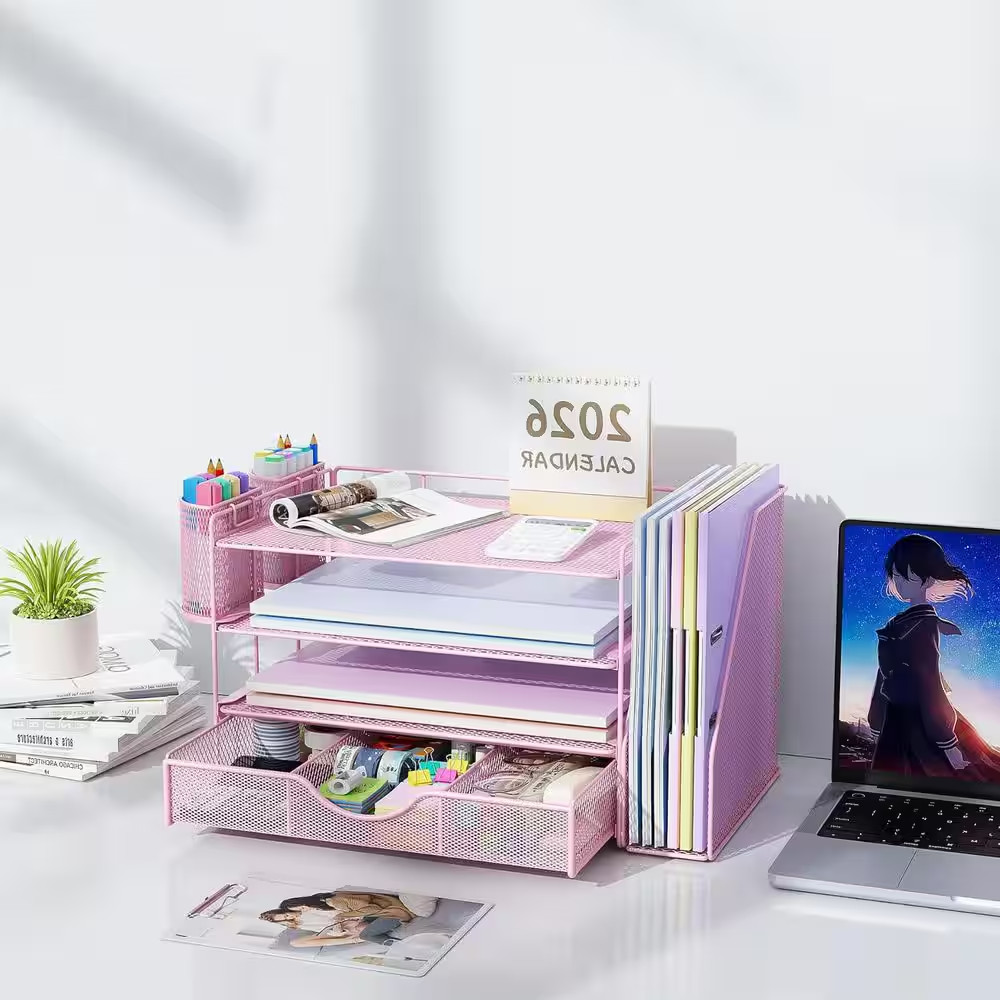 Pink 15.5 In. X 9.2 In. Metal Modern Desk File Holder with Drawer and 2 Pen Hold