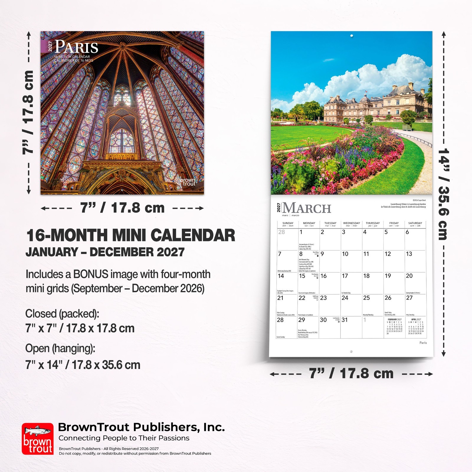 Paris 2027 7×14″ (Hanging) Monthly Mini Wall Calendar | English/French Bilingual