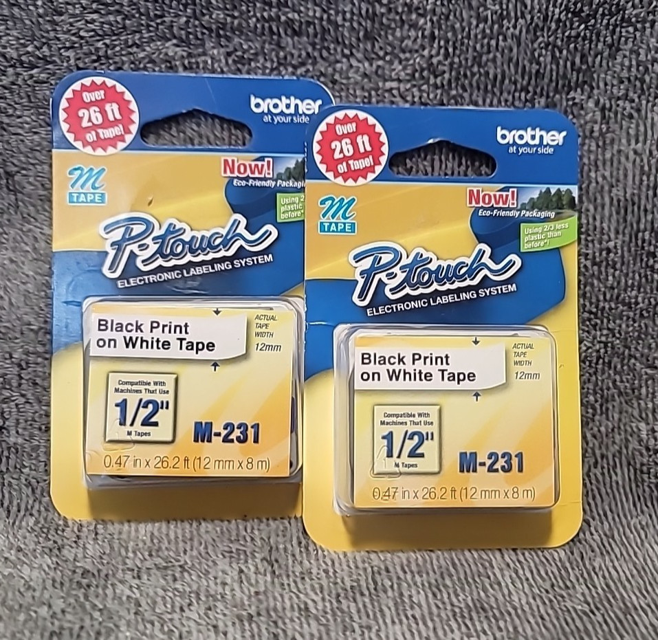 2 Brother P-Touch M-231 1/2″ BLACK on WHITE .47 In × 26.2 Ft (12 mm × 8 m)