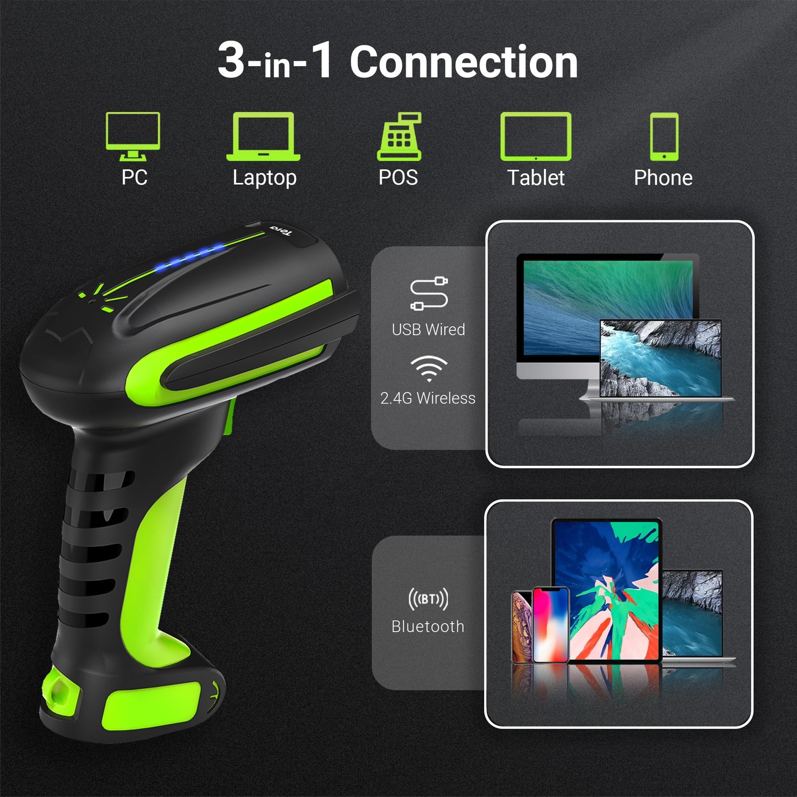 Tera 8100Pro Wireless 2D QR Barcode Scanner with Stand Green – 2500mAh
