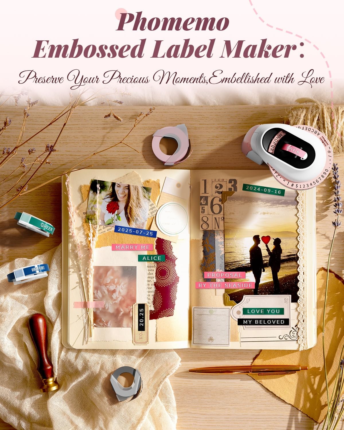 Phomemo Embossing Label Maker Machine, label maker with 6 tapes, Pink